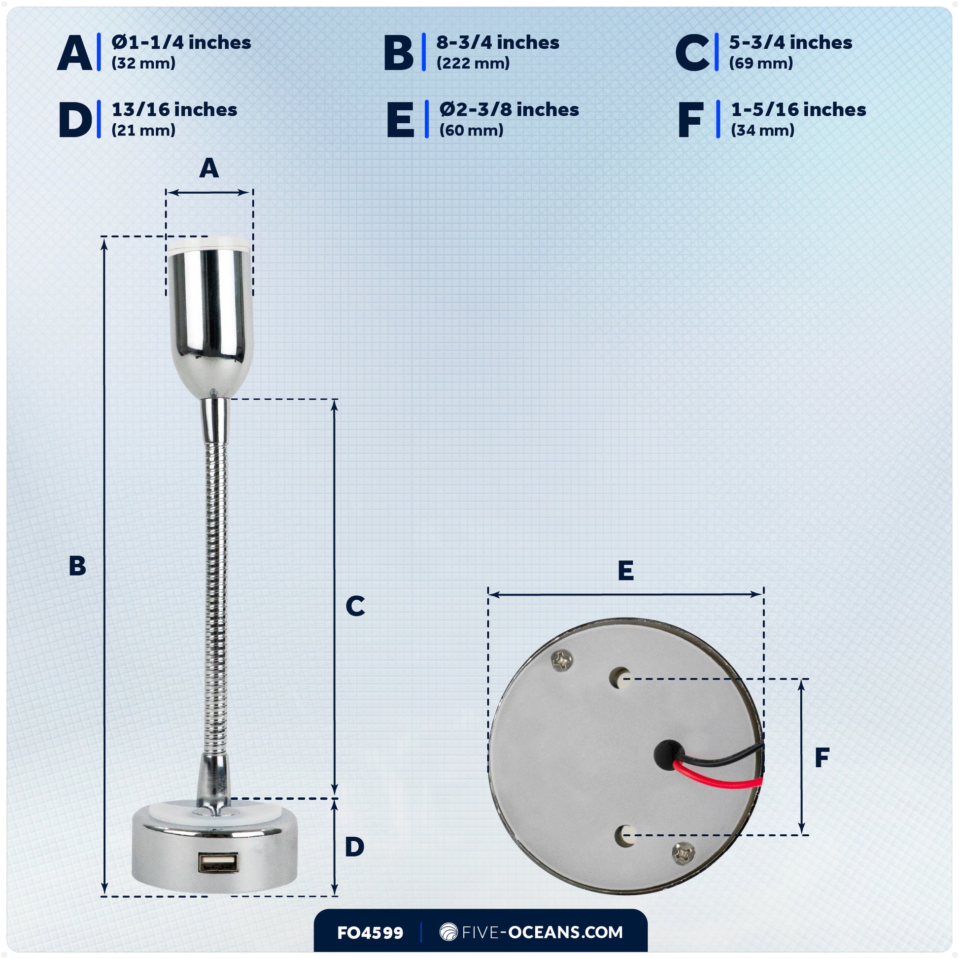 LED Reading Light with Charging USB Port, Warm White, Flexible Gooseneck Style, Silver Housing, 12V DC - FO4599 - Five Oceans