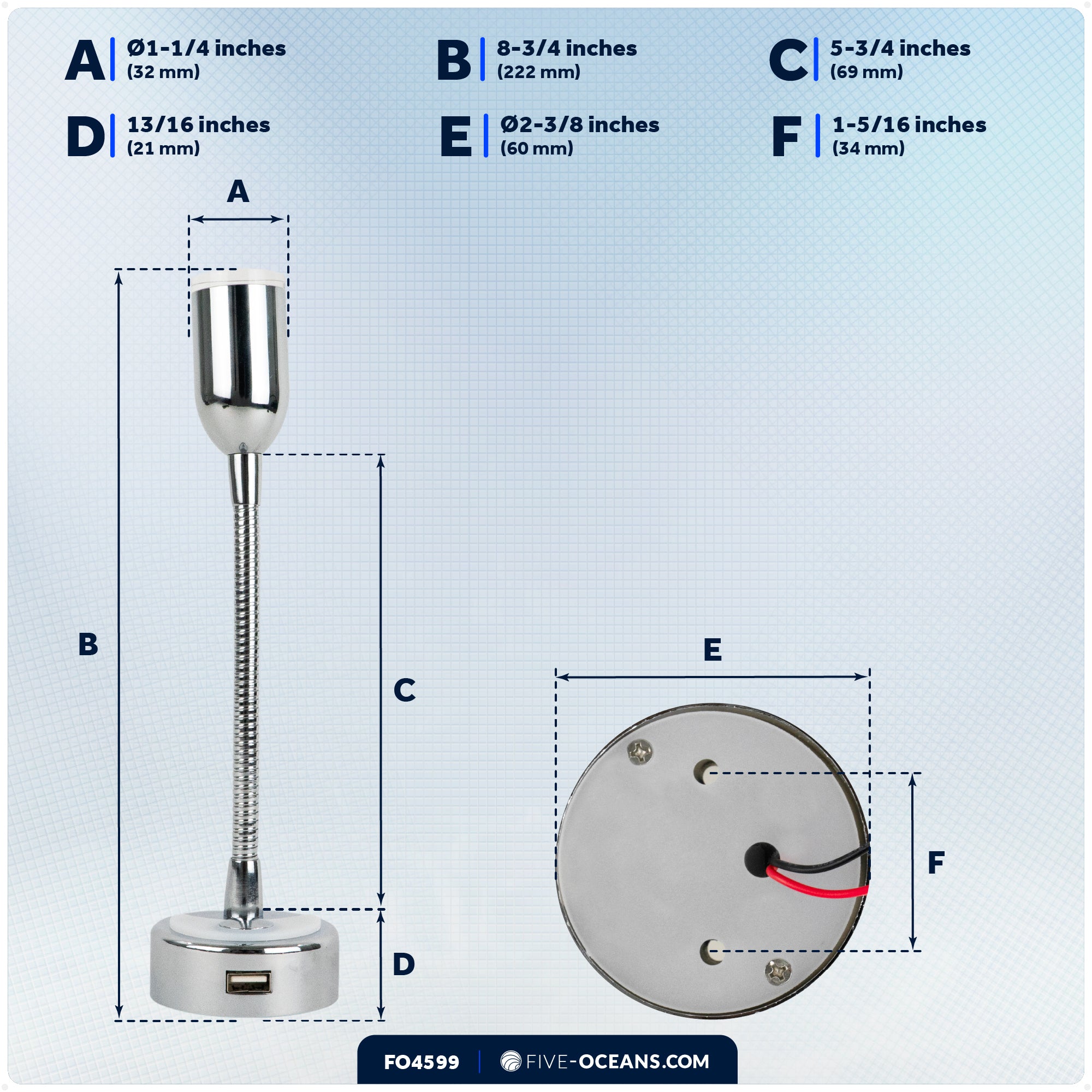 LED Reading Light with Charging USB Port, Warm White, Flexible Gooseneck Style, Silver Housing, 12V DC - FO4599 - Five Oceans