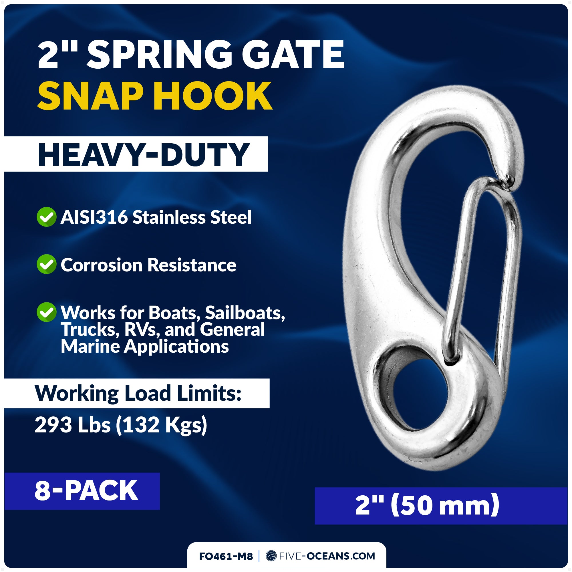 2" Spring Gate Snap Hook, AISI316 Stainless Steel, 8-Pack - FO461-M8 - Five Oceans