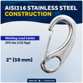 2" Spring Gate Snap Hook, AISI316 Stainless Steel, 8-Pack - FO461-M8 - Five Oceans