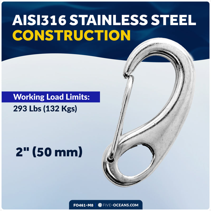 2" Spring Gate Snap Hook, AISI316 Stainless Steel, 8-Pack - FO461-M8 - Five Oceans