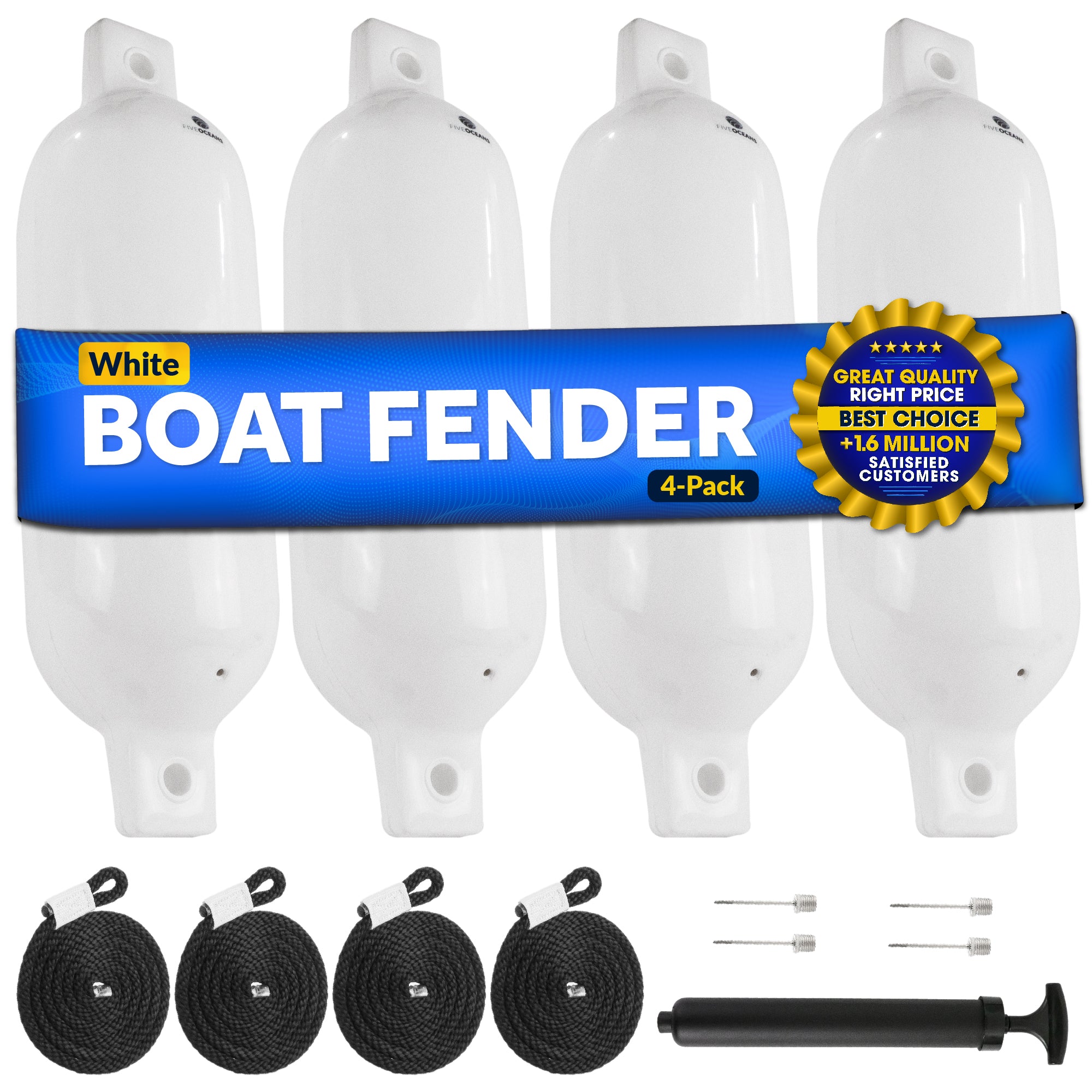 Boat Fenders, 4 Pack Marine White Inflatable Boat Bumpers for Docking, 5.5x20" - FO4611 - Five Oceans