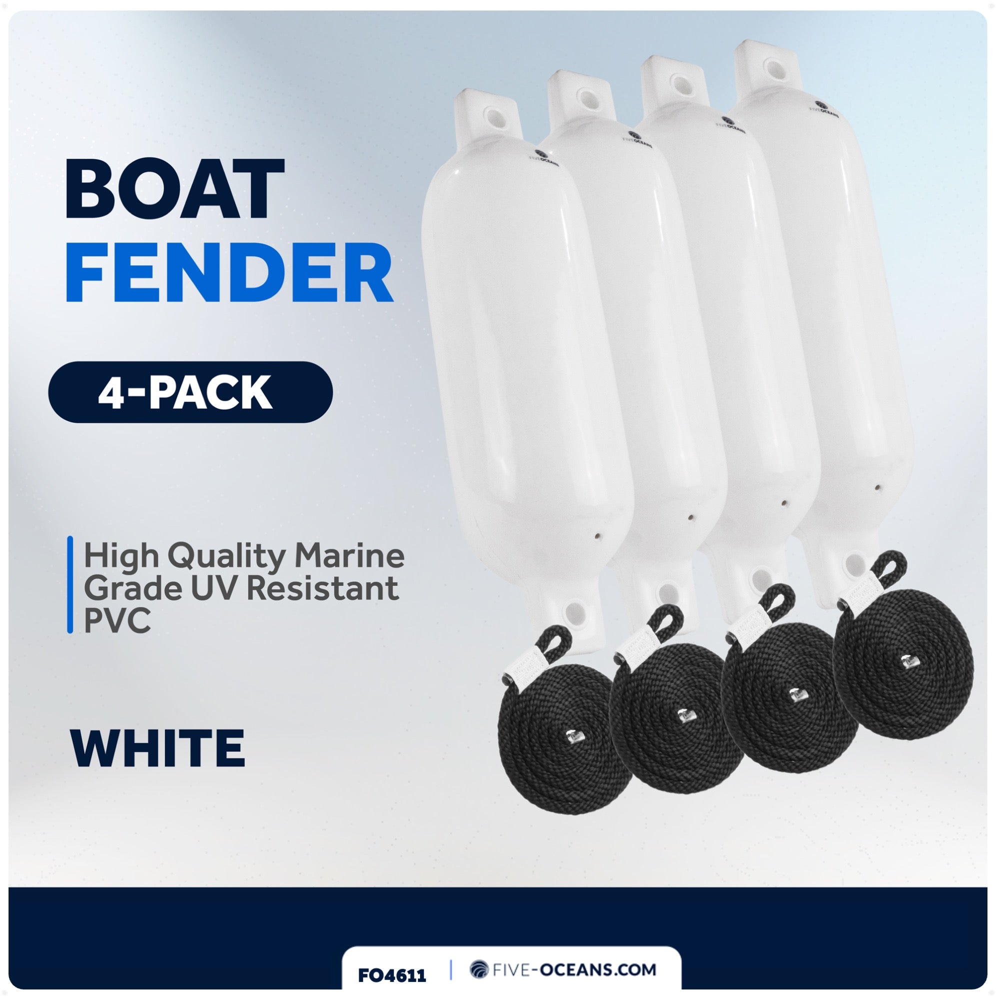 Boat Fenders, 4 Pack Marine White Inflatable Boat Bumpers for Docking, 5.5x20" - FO4611 - Five Oceans