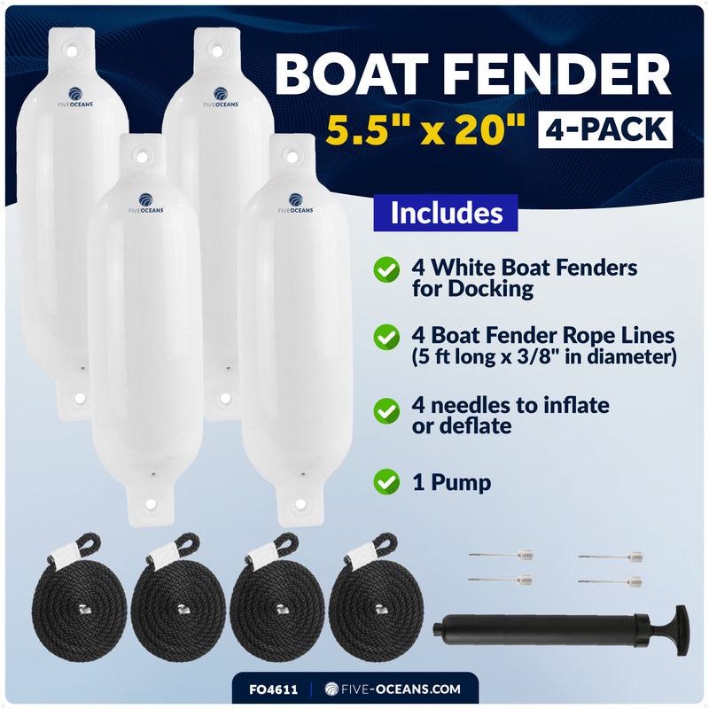5.5" x 20" Inflatable Boat Fenders, White, 4-Pack