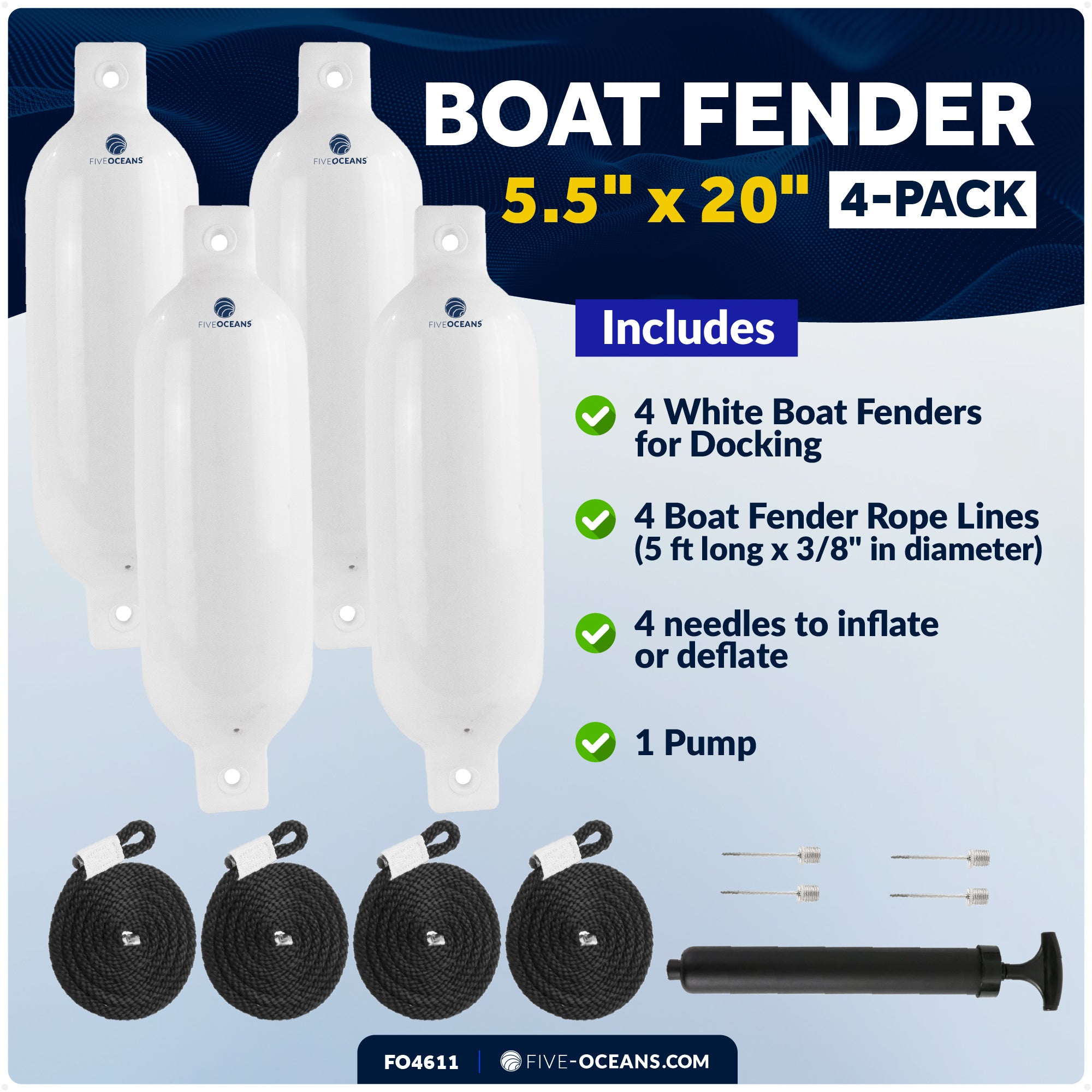 Inflatable Boat Fenders, 4 Pack White 5.5" x 20" - FO4611