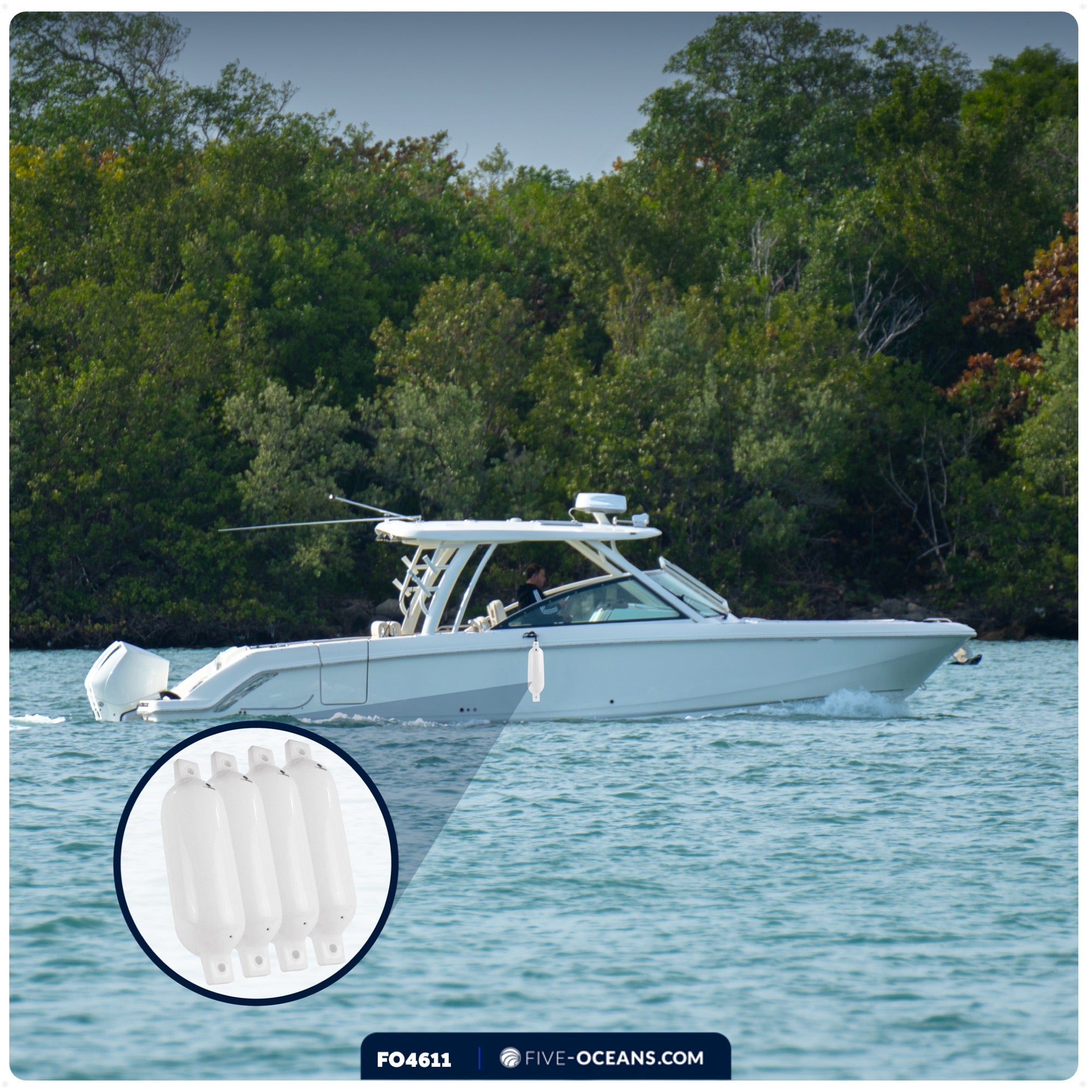 Boat Fenders, 4 Pack Marine White Inflatable Boat Bumpers for Docking, 5.5x20" - FO4611 - Five Oceans