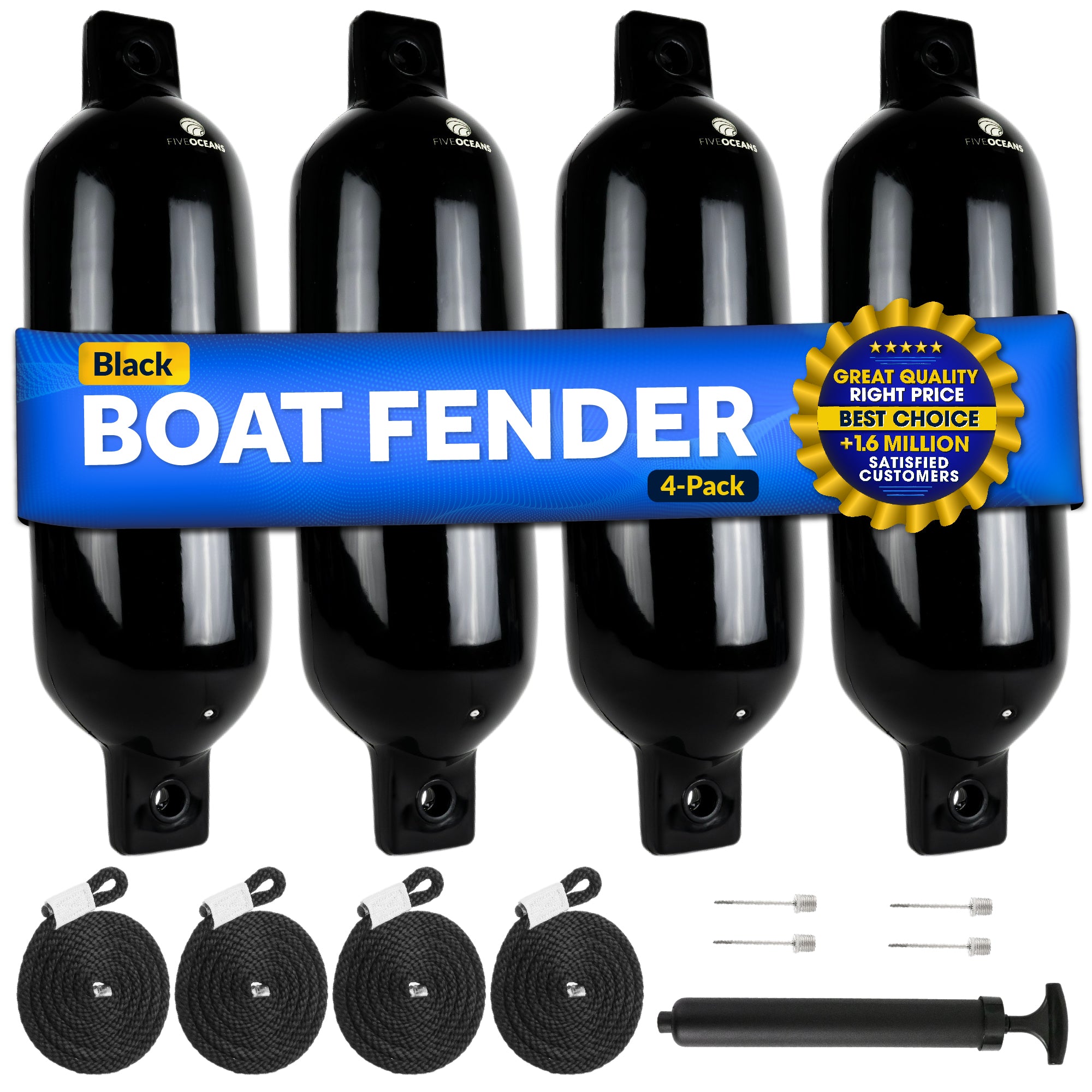 Boat Fenders, 4 Pack Marine Black Inflatable Boat Bumpers for Docking, 5.5x20" - FO4612 - Five Oceans
