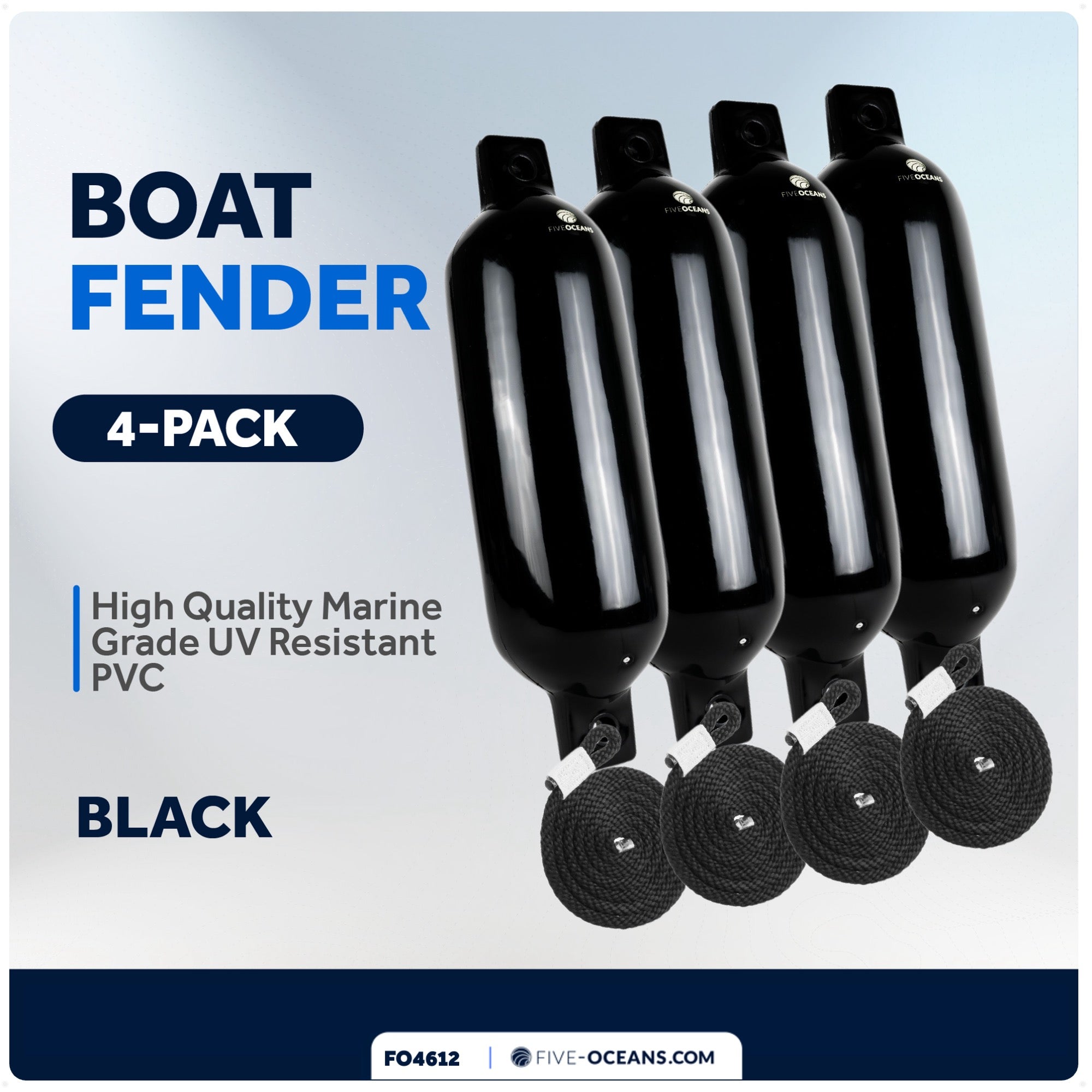 Boat Fenders, 4 Pack Marine Black Inflatable Boat Bumpers for Docking, 5.5x20" - FO4612 - Five Oceans