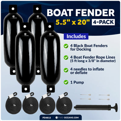 5.5" x 20" Inflatable Boat Fenders, Black, 4-Pack