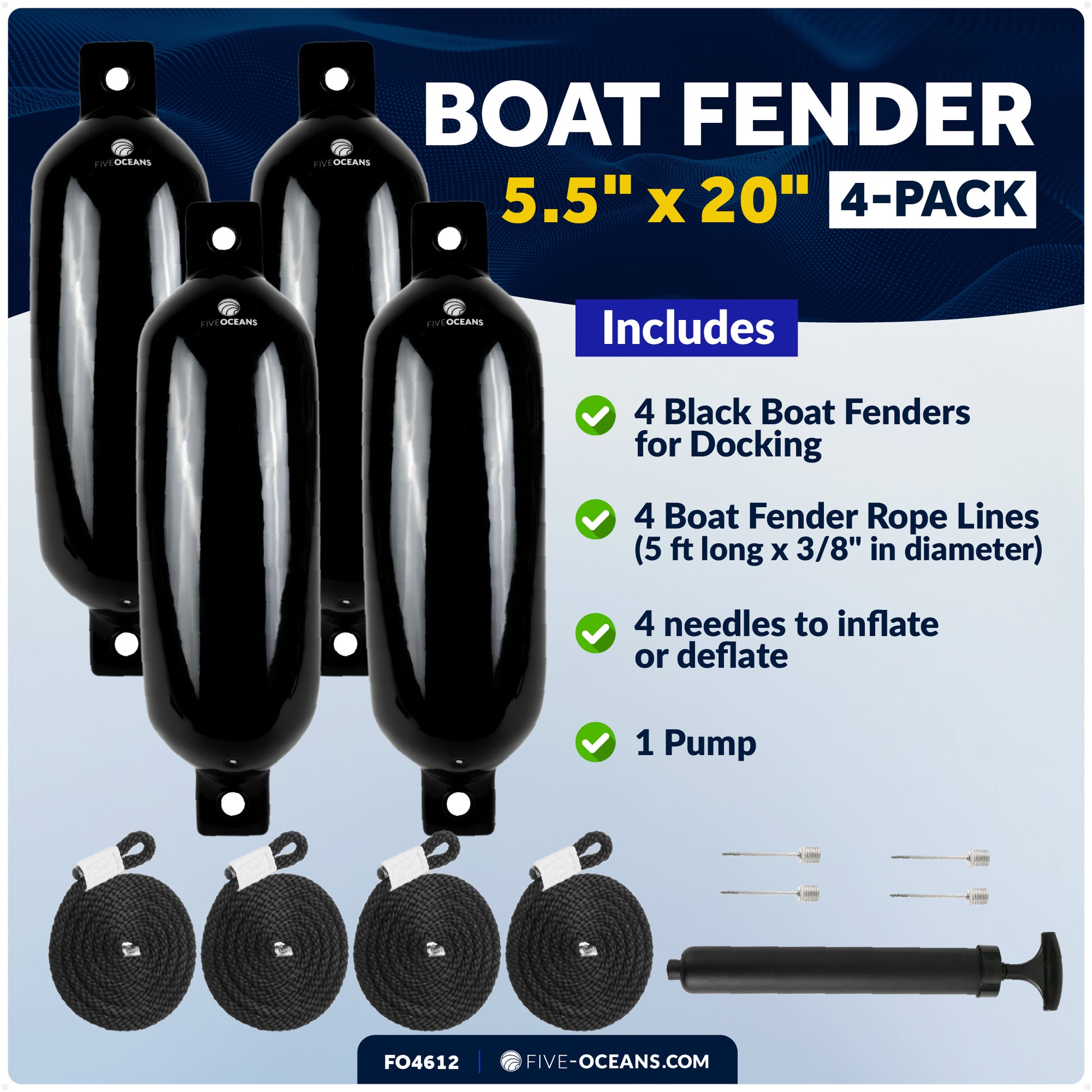Inflatable Boat Fenders, 4 Pack Black 5.5" x 20" - FO4612 - Five Oceans