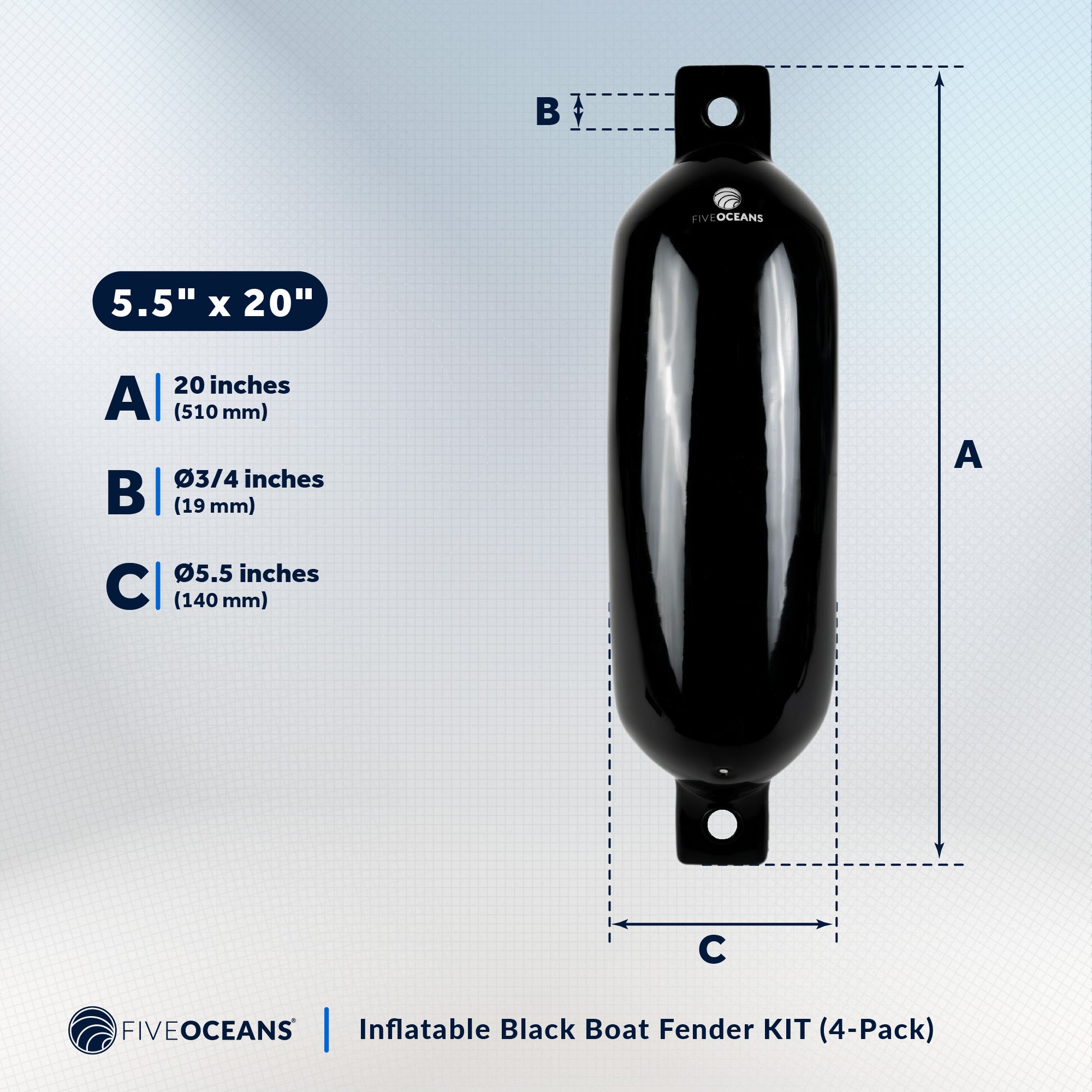 Boat Fenders, 4 Pack Marine Black Inflatable Boat Bumpers for Docking, 5.5x20" - FO4612 - Five Oceans