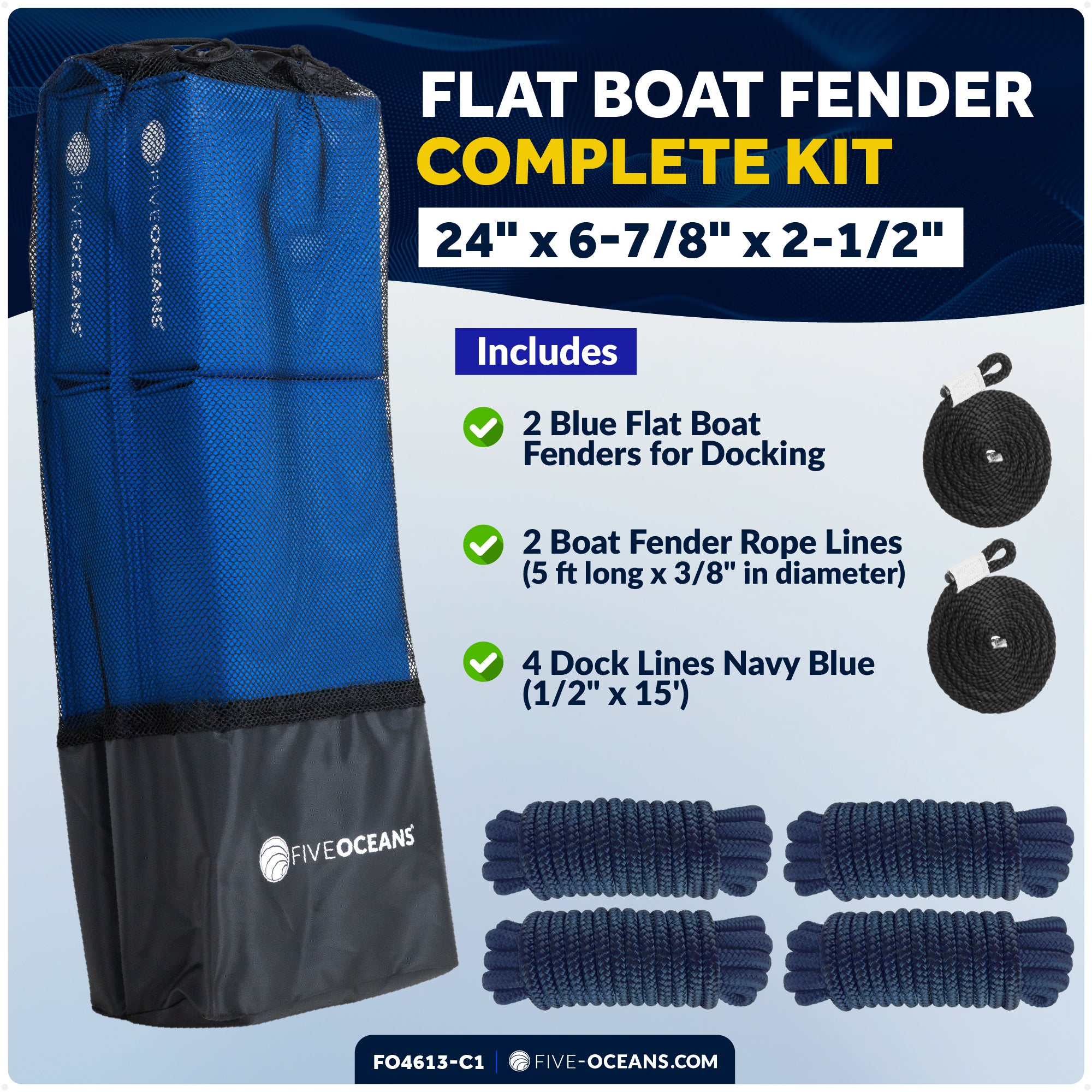 Flat Boat Fender Kit, 2-Pack Blue 24" x 6-7/8" x 2-1/2", Includes 1/2" x 15' Dock Lines - FO4613-C1 - Five Oceans