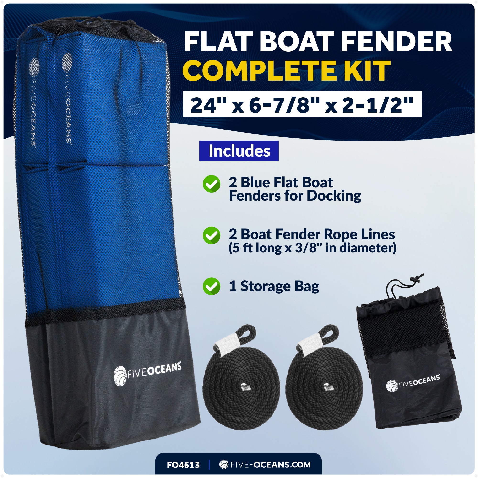Flat Boat Fender 24" x 6-7/8" x 2-1/2", Blue, 2-Pack - FO4613 - Five Oceans