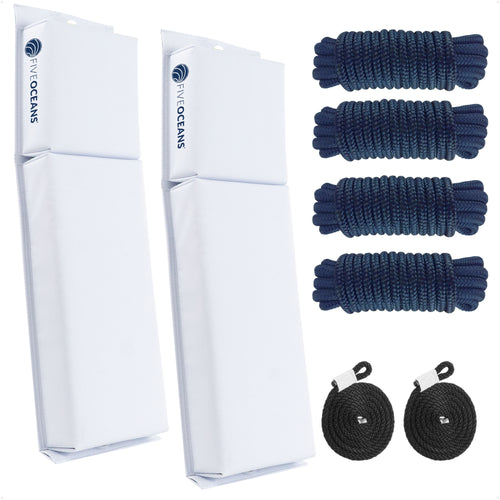 Boat Docking Kit - White Flat Fenders & Dock Lines, 2-Pack - FO4614-C1 - Five Oceans