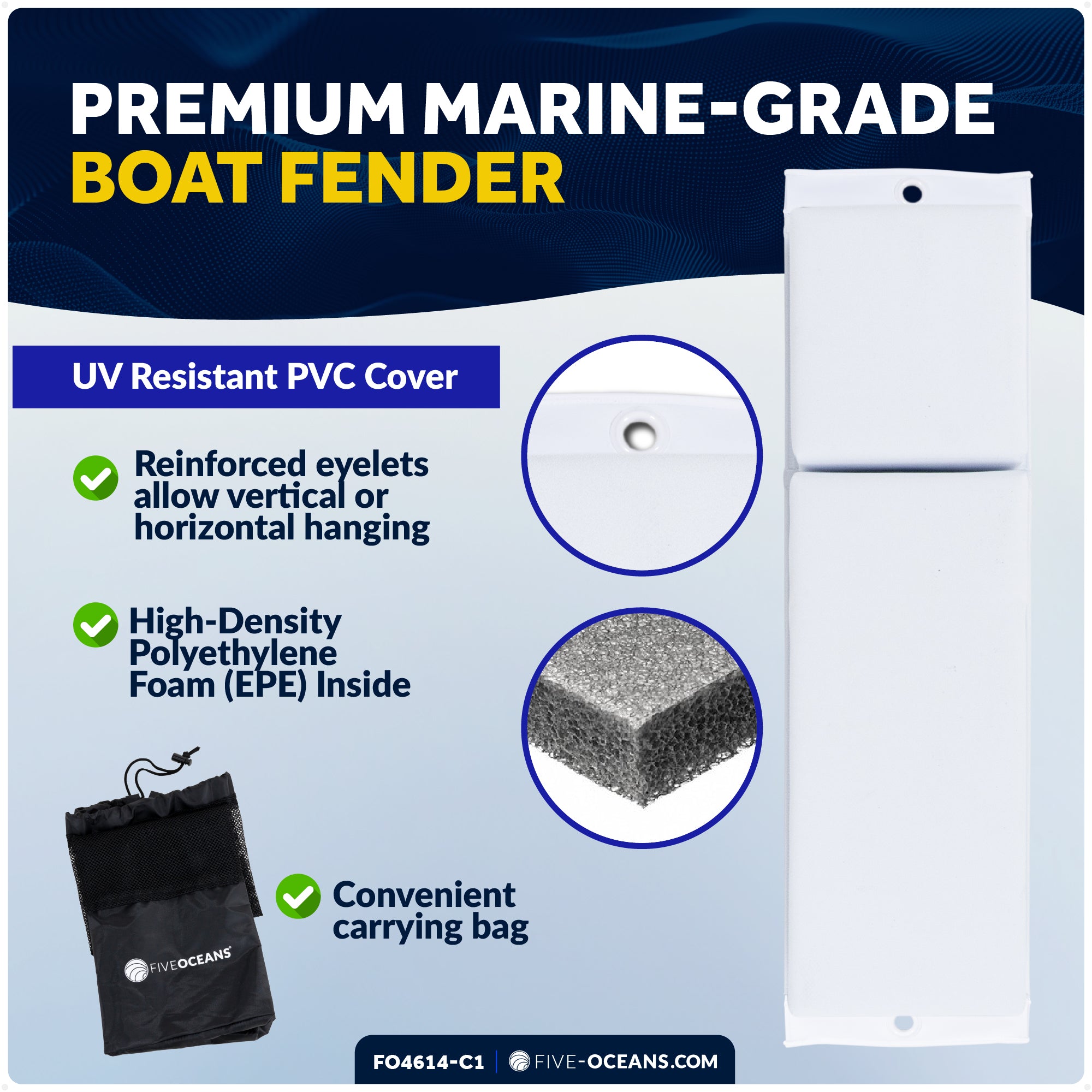 Flat Boat Fender Kit, 2-Pack White 24" x 6-7/8" x 2-1/2", Includes 1/2" x 15' Dock Lines - FO4614-C1 - Five Oceans