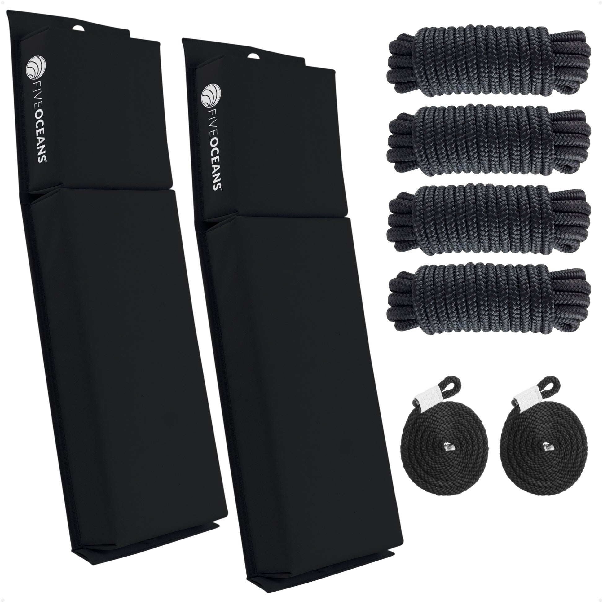 Flat Boat Fender Kit, 2-Pack Black 24" x 6-7/8" x 2-1/2", Includes 1/2" x 15' Dock Lines - FO4615-C1 - Five Oceans