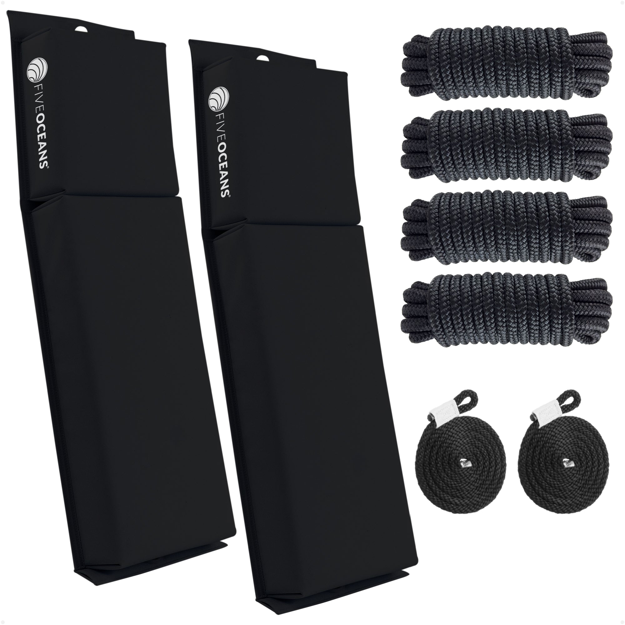 Flat Boat Fender Kit, 2-Pack Black 24" x 6-7/8" x 2-1/2", Includes 1/2" x 15' Dock Lines - FO4615-C1