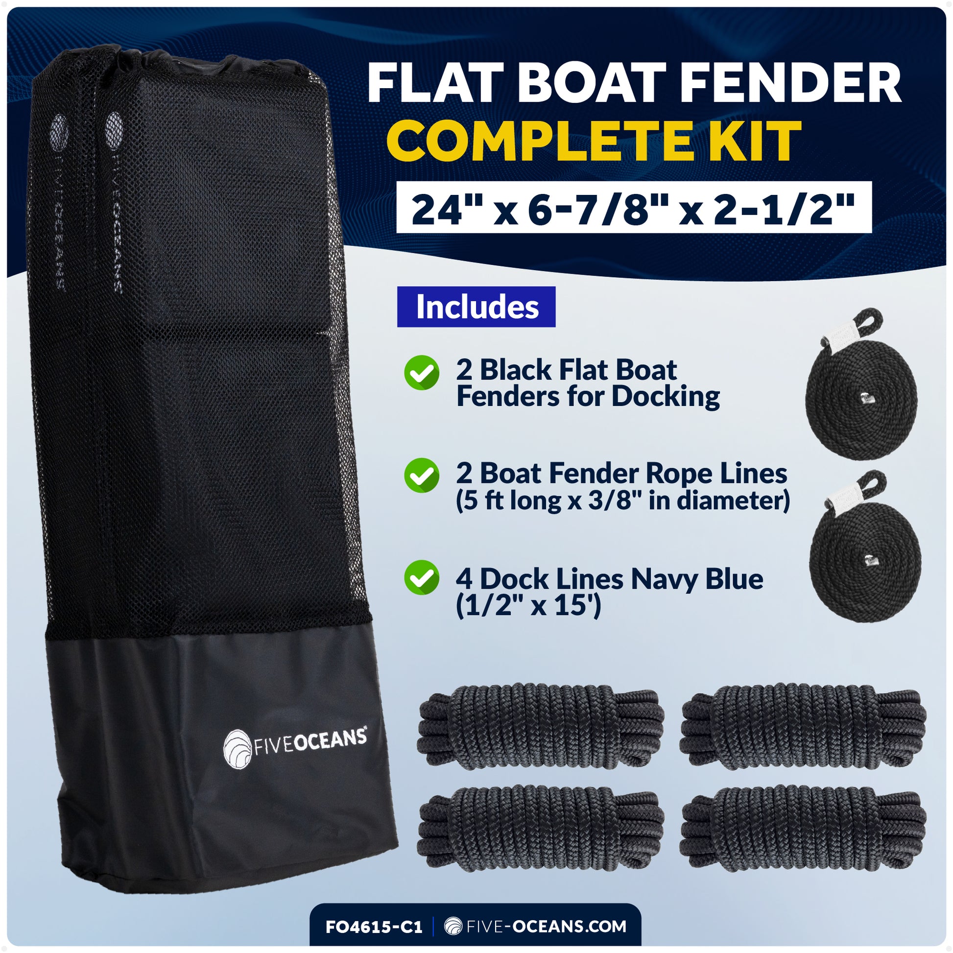 Flat Boat Fender Kit, 2-Pack Black 24" x 6-7/8" x 2-1/2", Includes 1/2" x 15' Dock Lines - FO4615-C1 - Five Oceans