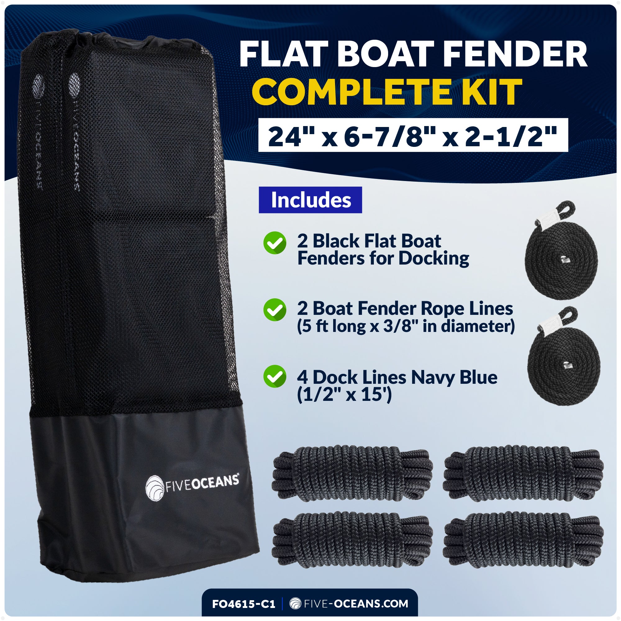 Flat Boat Fender Kit, 2-Pack Black 24" x 6-7/8" x 2-1/2", Includes 1/2" x 15' Dock Lines - FO4615-C1