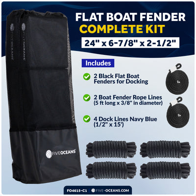 Boat Docking Kit - Black Flat Fenders & Dock Lines, 2-Pack - FO4615-C1 - Five Oceans