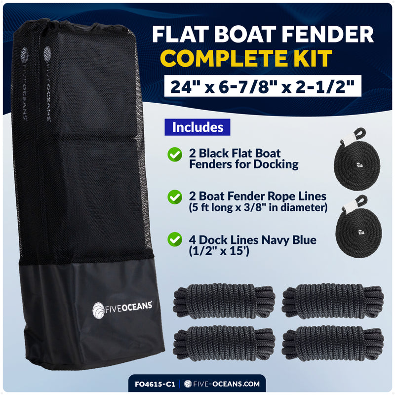 Boat Docking Kit - Black Flat Fenders & Dock Lines, 2-Pack - FO4615-C1 - Five Oceans