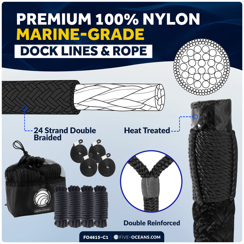 Boat Docking Kit - Black Flat Fenders & Dock Lines, 2-Pack - FO4615-C1 - Five Oceans