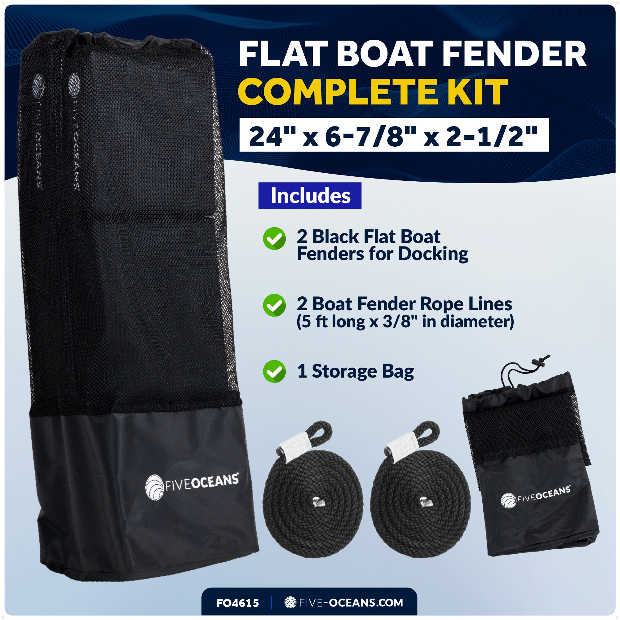 Flat Boat Fender 24" x 6-7/8" x 2-1/2", Black, 2-Pack - FO4615 - Five Oceans