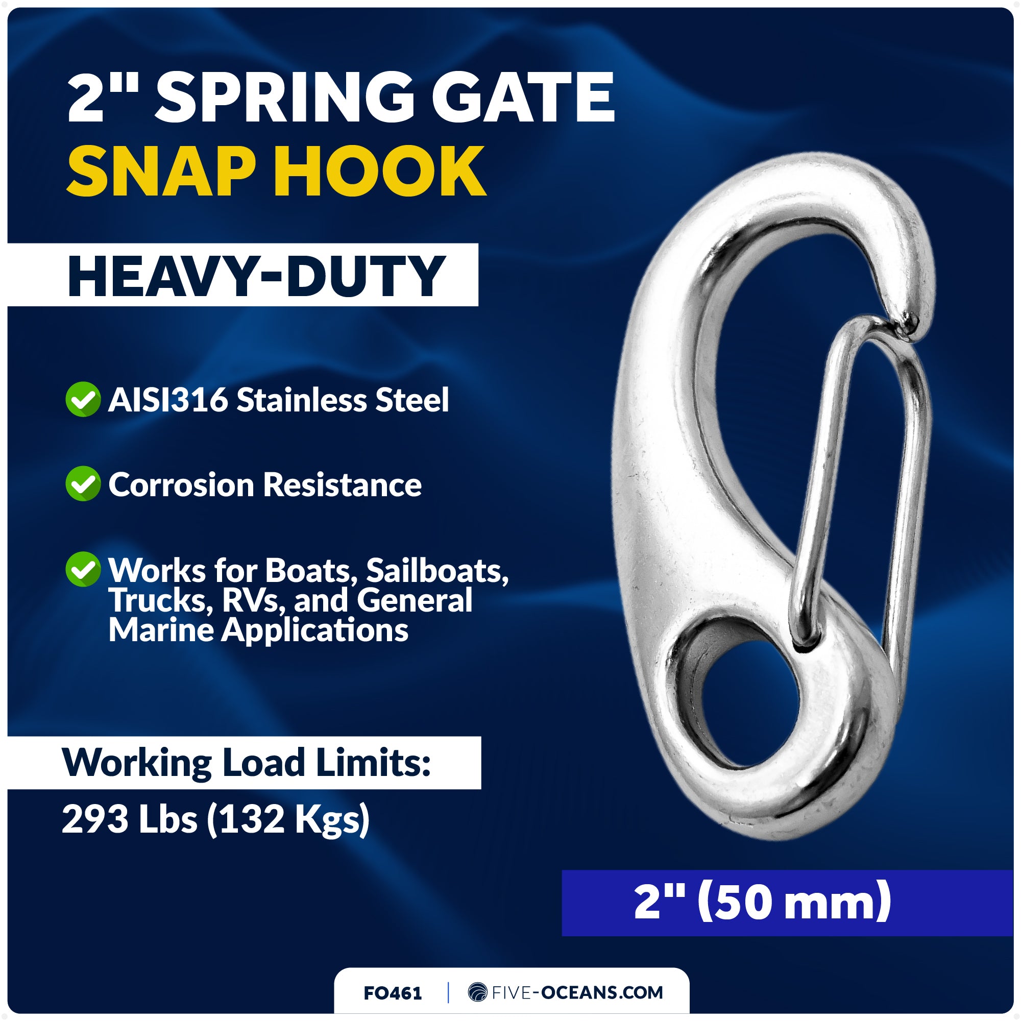 2" Spring Gate Snap Hook, AISI316 Stainless Steel - FO461 - Five Oceans