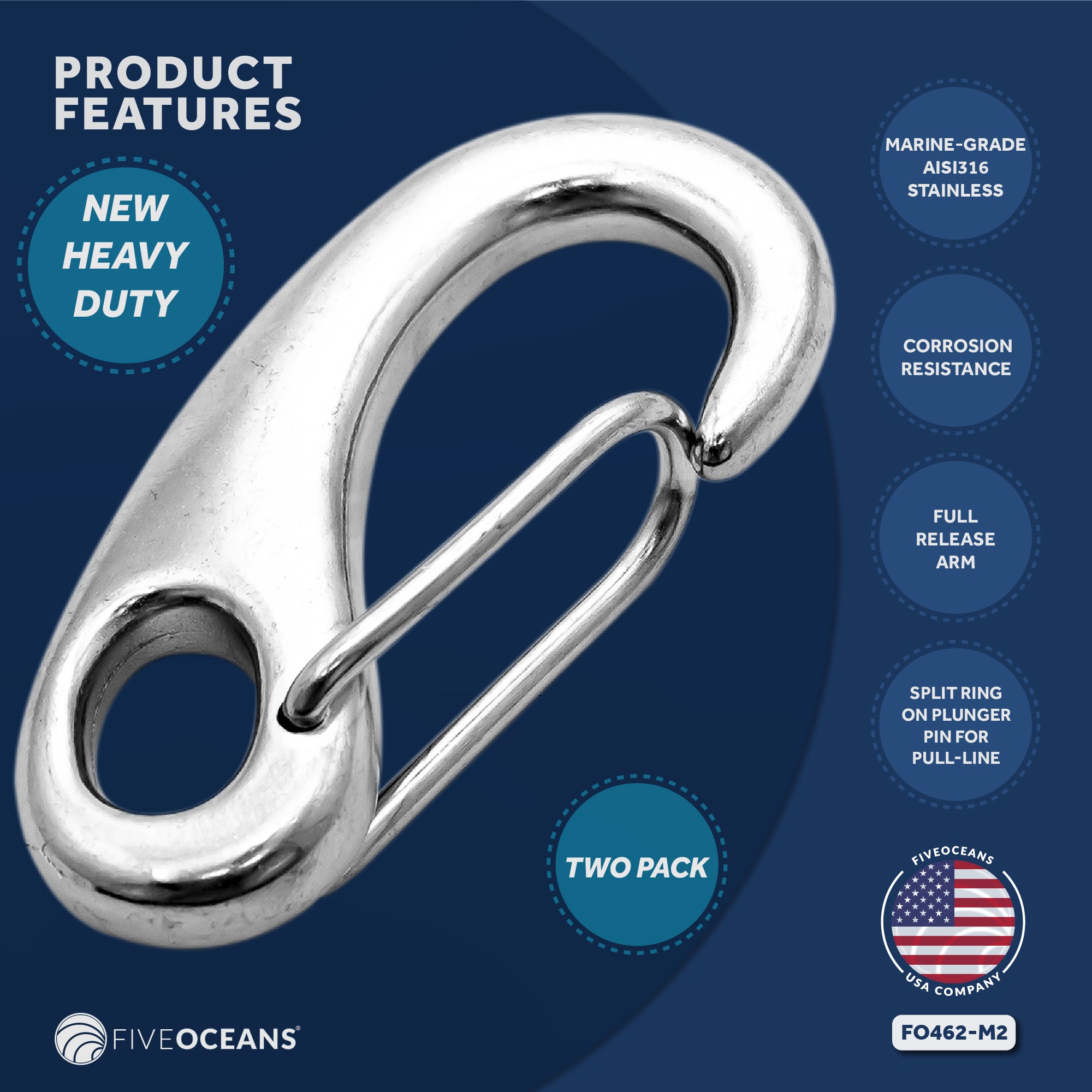 2-3/4" Spring Gate Snap Hook, AISI316 Stainless Steel, 2-Pack - FO462-M2