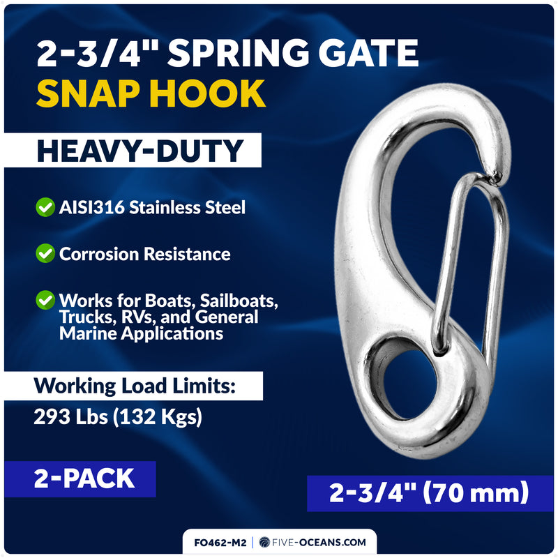 2-3/4" Spring Gate Snap Hook, AISI316 Stainless Steel, 2-Pack - FO462-M2 - Five Oceans