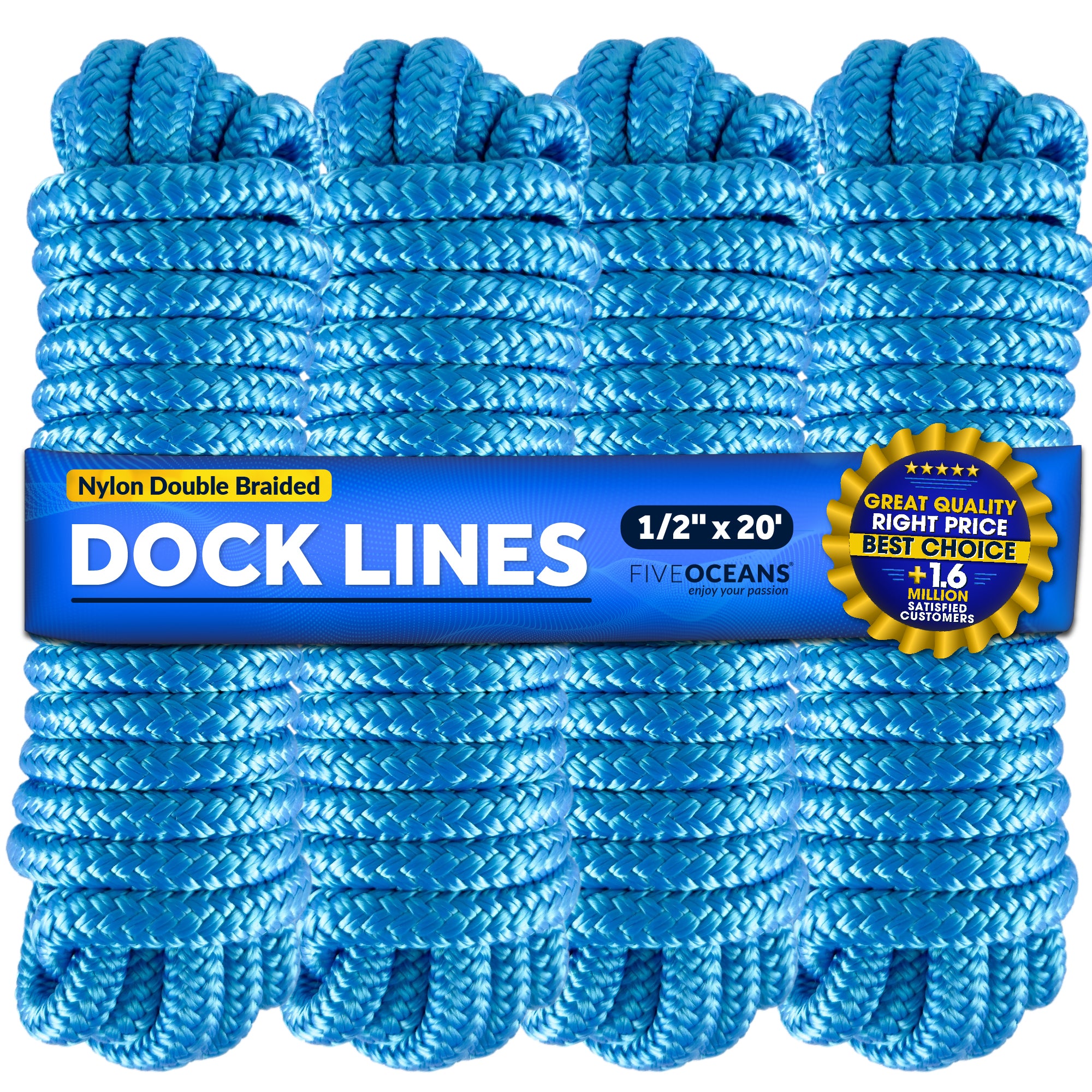 Dock Lines, 1/2" x 20', Light Blue Nylon Double Braided with 12" Eyelet, 4-Pack - FO4621-M4 - Five Oceans