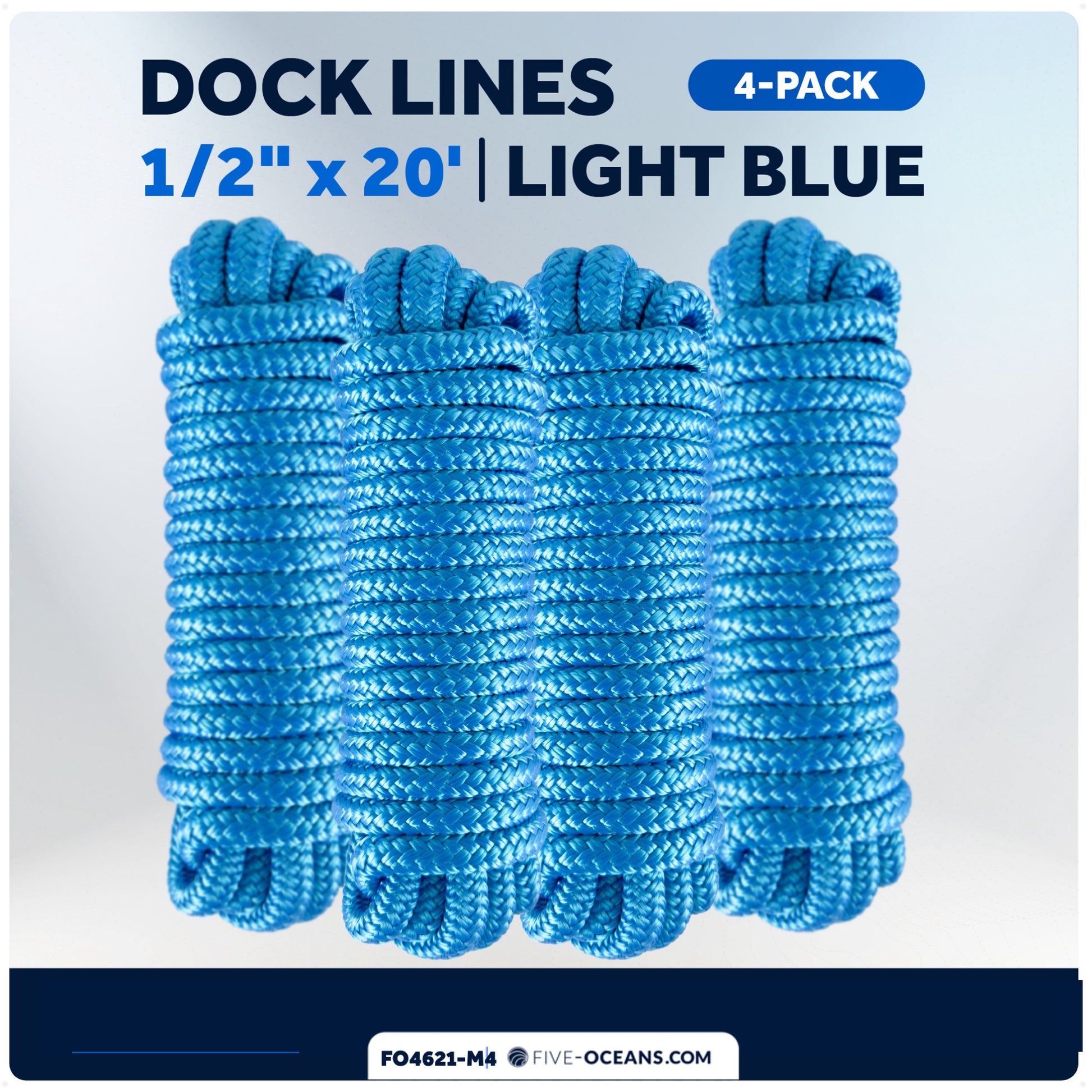 Dock Lines, 1/2" x 20', Light Blue Nylon Double Braided with 12" Eyelet, 4-Pack - FO4621-M4 - Five Oceans