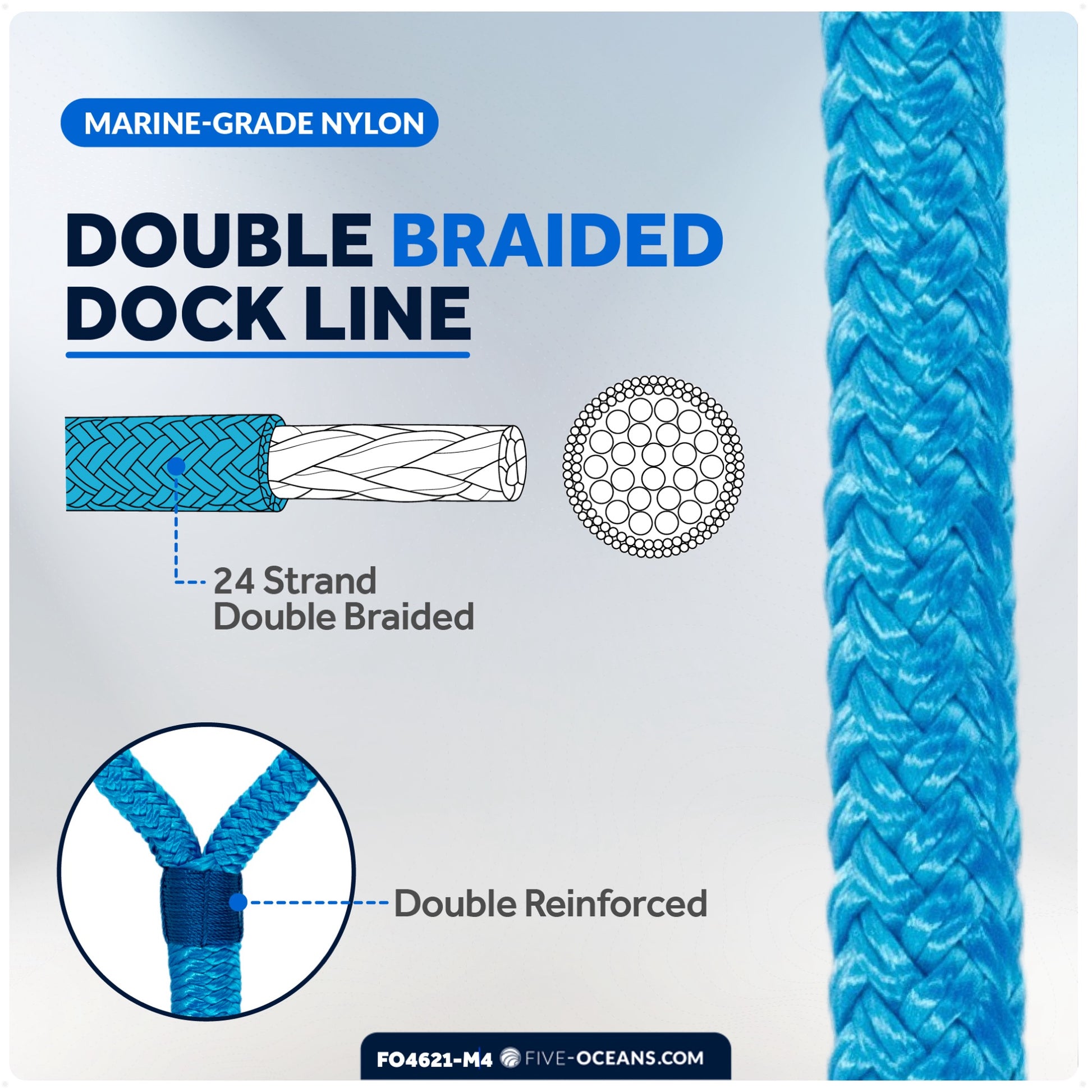 Dock Lines, 1/2" x 20', Light Blue Nylon Double Braided with 12" Eyelet, 4-Pack - FO4621-M4 - Five Oceans