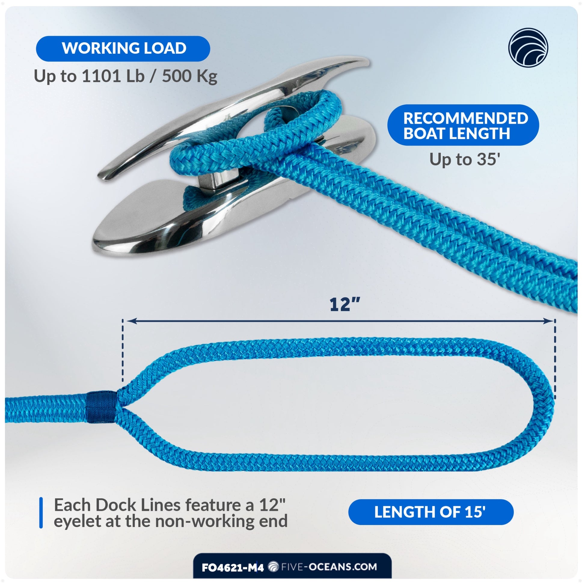 Dock Lines, 1/2" x 20', Light Blue Nylon Double Braided with 12" Eyelet, 4-Pack - FO4621-M4 - Five Oceans