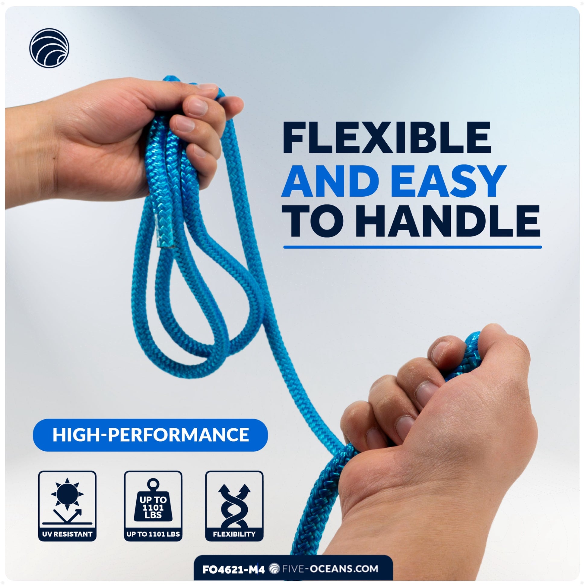 Dock Lines, 1/2" x 20', Light Blue Nylon Double Braided with 12" Eyelet, 4-Pack - FO4621-M4 - Five Oceans