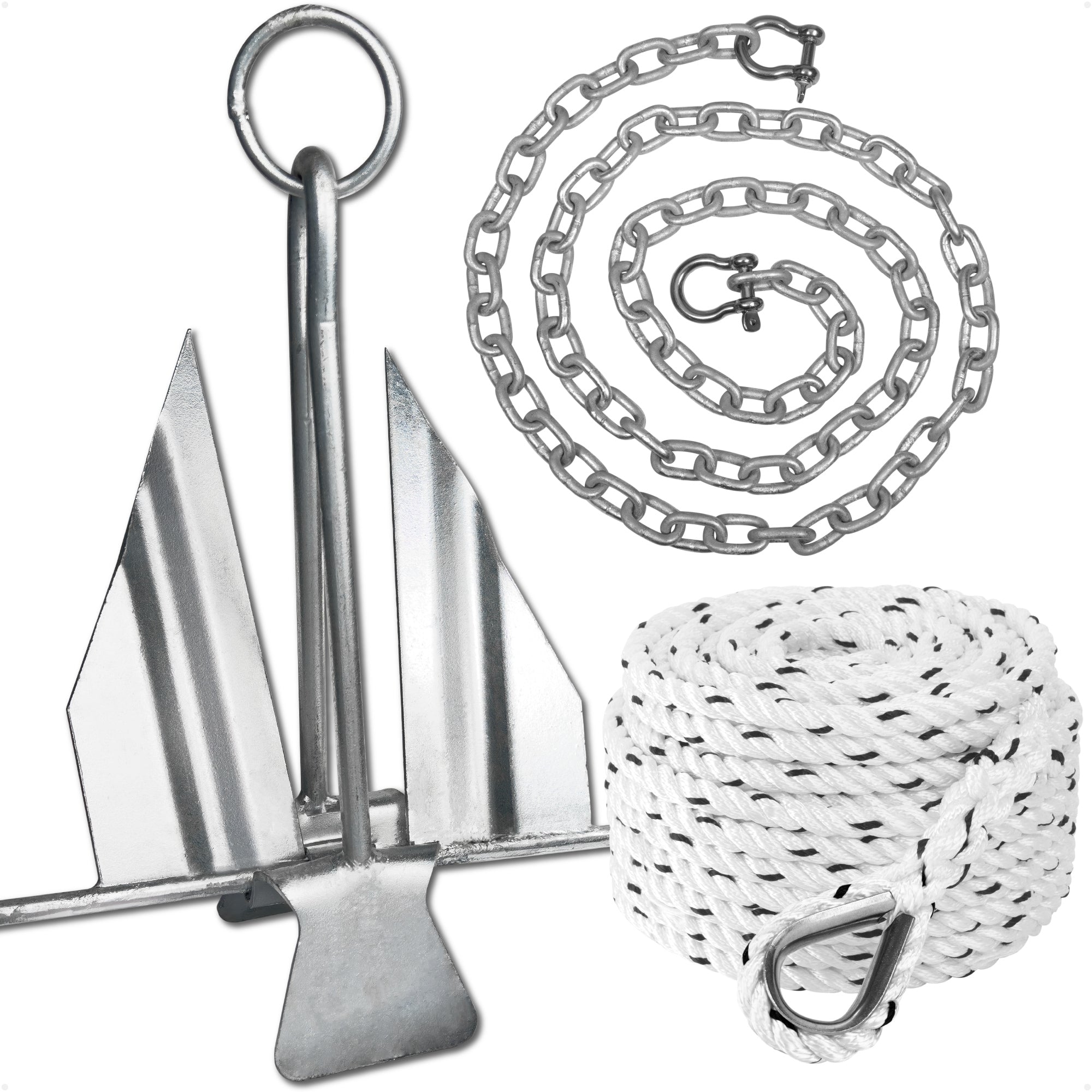 4 Lb Boat Fluke Anchor Kit, Slip Ring Shank, Hot Dipped Galvanized, Rope, Chain and Shackle - FO4622-4565 - Five Oceans