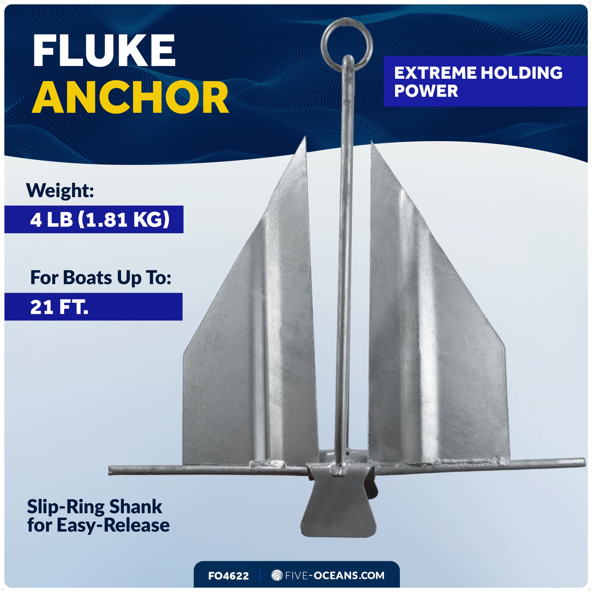 4 Lb. Slip-Ring Fluke Anchor, Galvanized Steel - FO4622 - Five Oceans