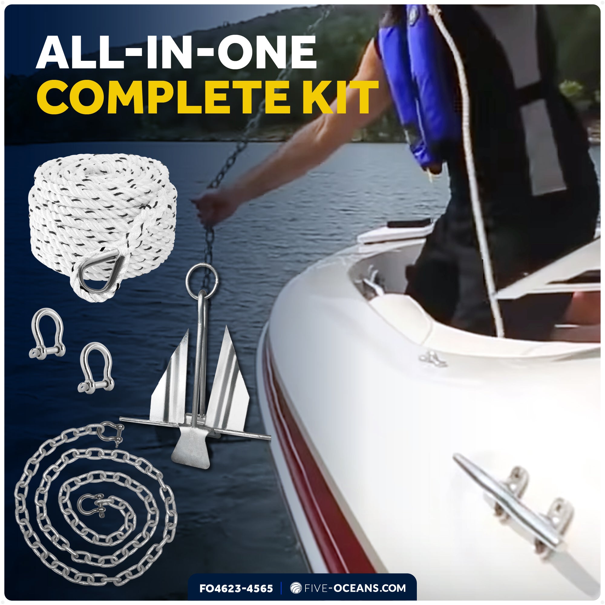 6 Lb Boat Fluke Anchor Kit, Slip Ring Shank, Hot Dipped Galvanized, Rope, Chain and Shackle - FO4623-4565 - Five Oceans
