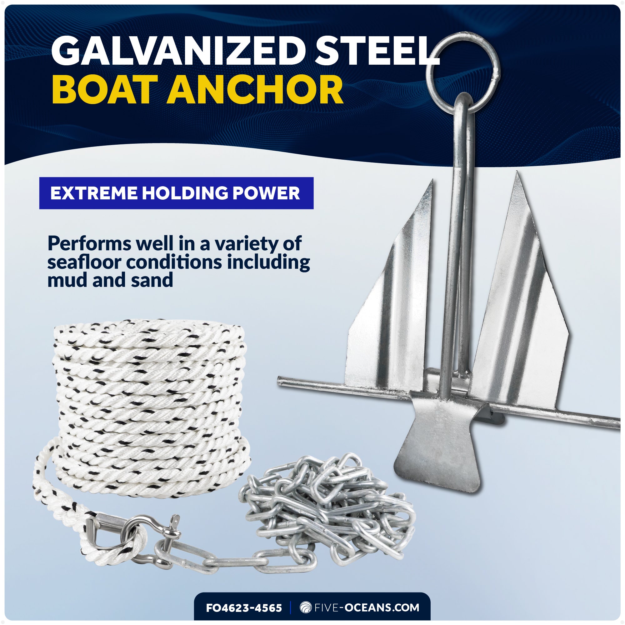 6 Lb Boat Fluke Anchor Kit, Slip Ring Shank, Hot Dipped Galvanized, Rope, Chain and Shackle - FO4623-4565 - Five Oceans