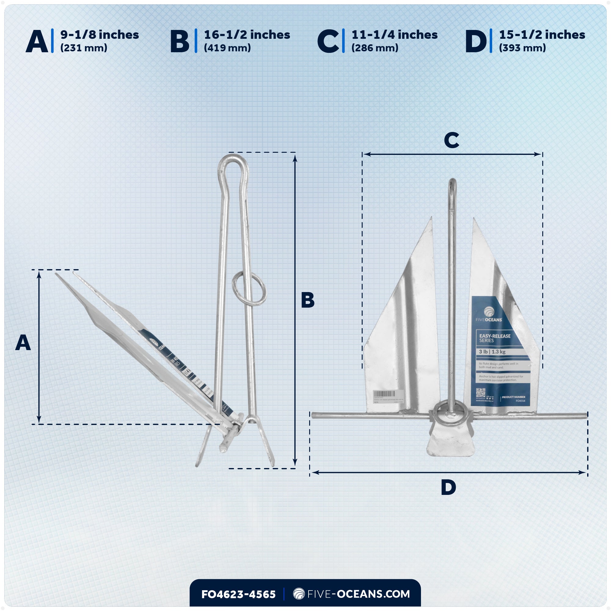 6 Lb Boat Fluke Anchor Kit, Slip Ring Shank, Hot Dipped Galvanized, Rope, Chain and Shackle - FO4623-4565 - Five Oceans