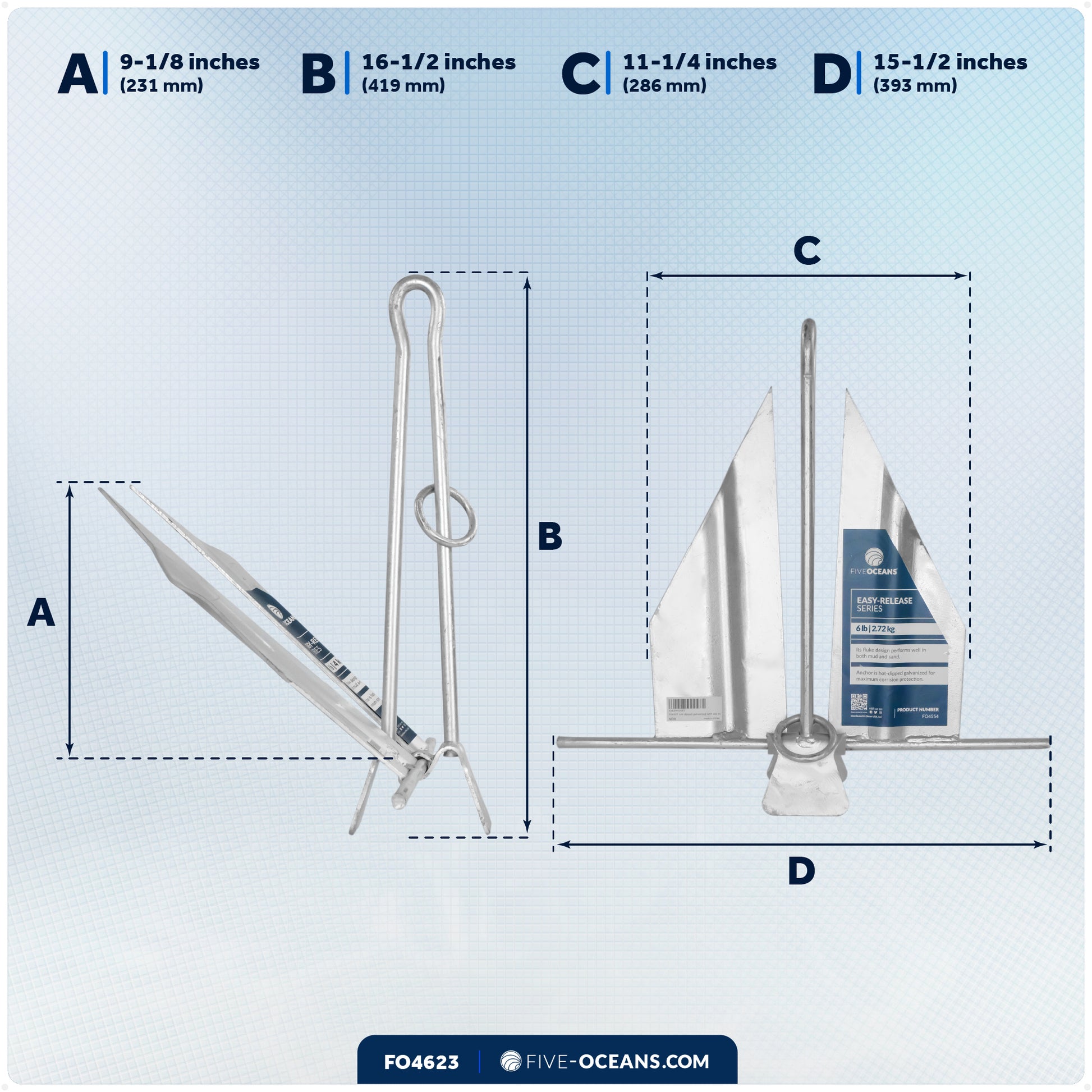 6 Lb. Slip-Ring Fluke Anchor, Galvanized Steel - FO4623 - Five Oceans