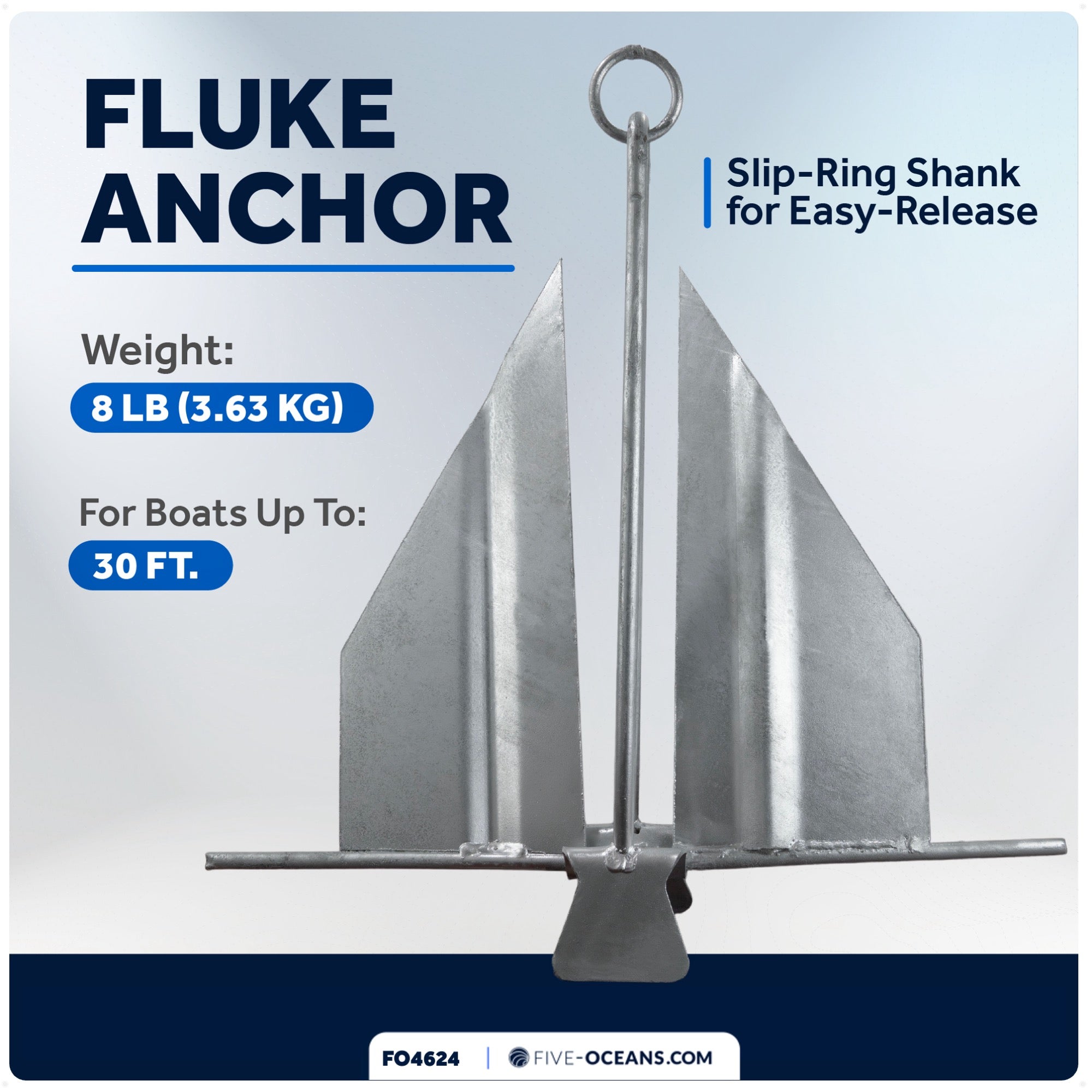8 Lb Boat Fluke Anchor, Slip Ring Shank, Easy-Release, Galvanized Steel - FO4624 - Five Oceans