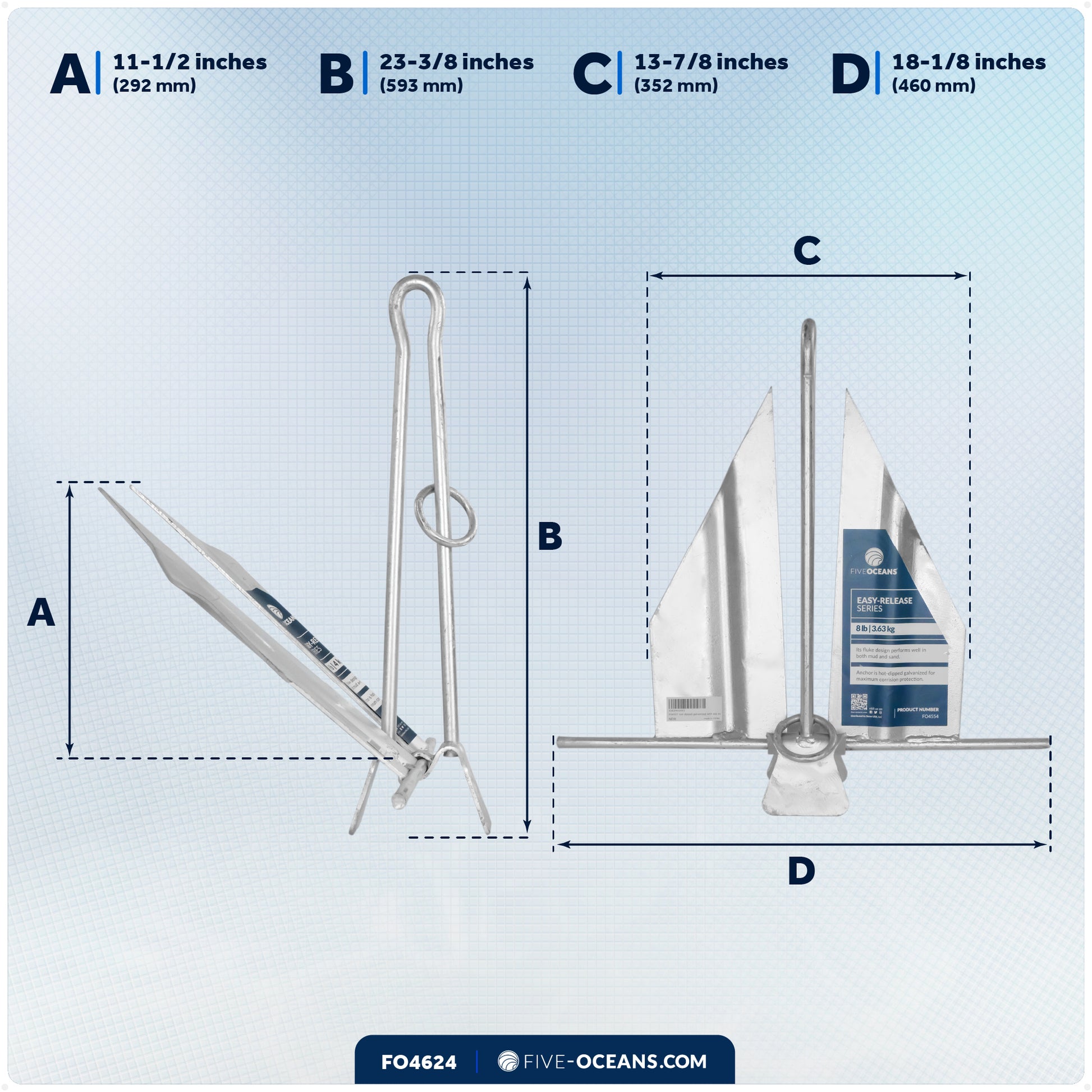 8 Lb. Slip-Ring Fluke Anchor, Galvanized Steel - FO4624 - Five Oceans