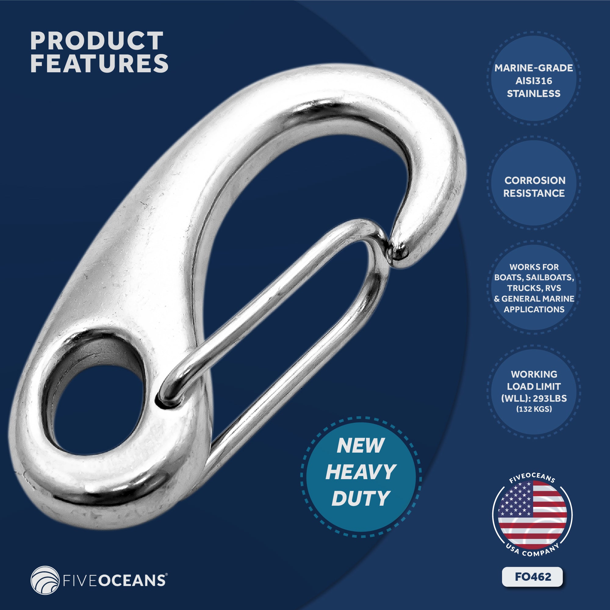 Spring Gate Snap Hook, 2-3/4" Stainless Steel - FO462 - Five Oceans