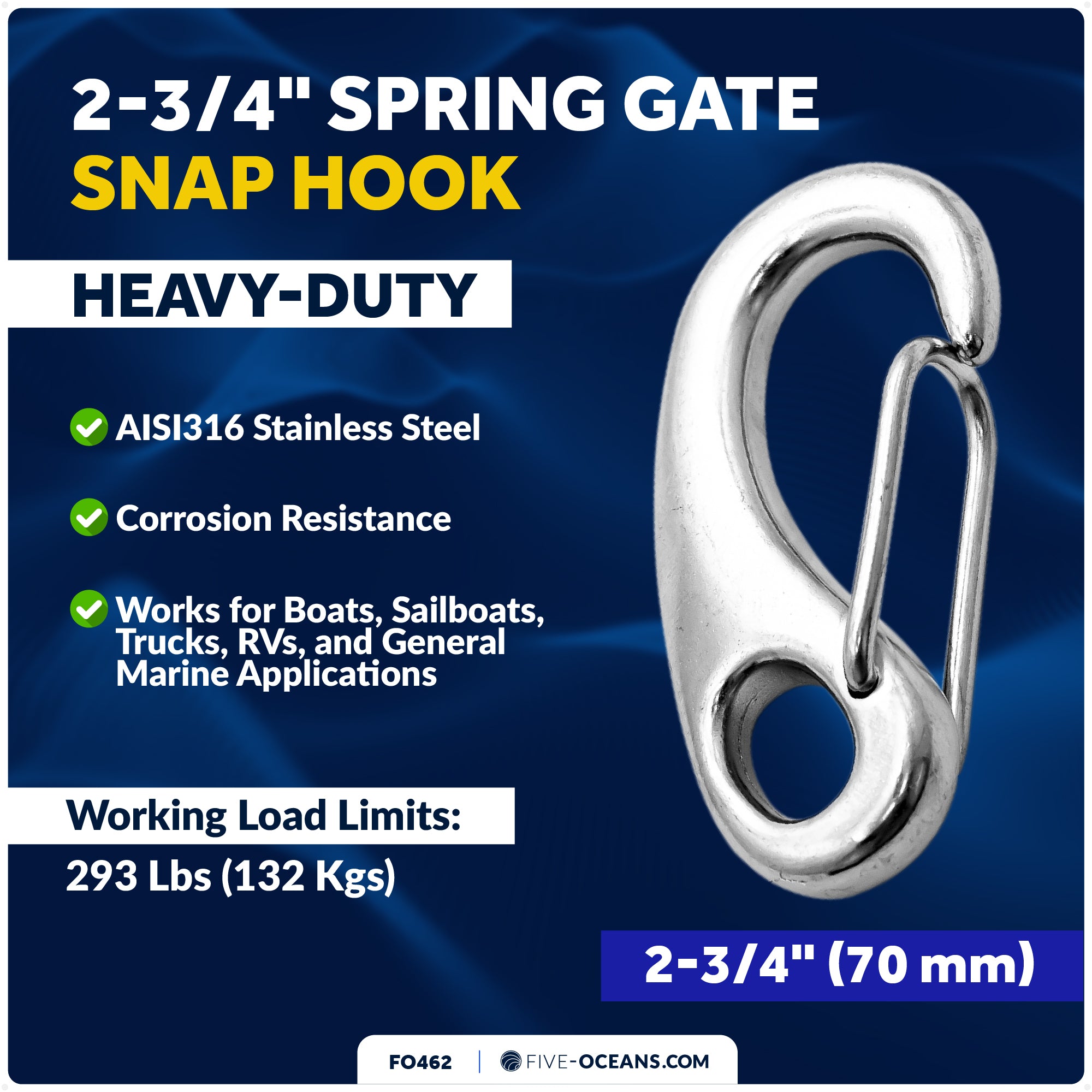 2-3/4" Spring Gate Snap Hook, AISI316 Stainless Steel - FO462 - Five Oceans