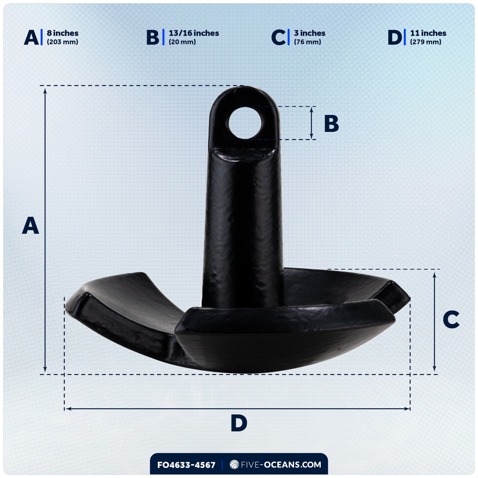 20 Lb River Boat Anchor Kit, Black PVC Vinyl Coating, 3/8"x50' 3-Strand Rope, Marine Snap Hook - 4633-4567 - Five Oceans