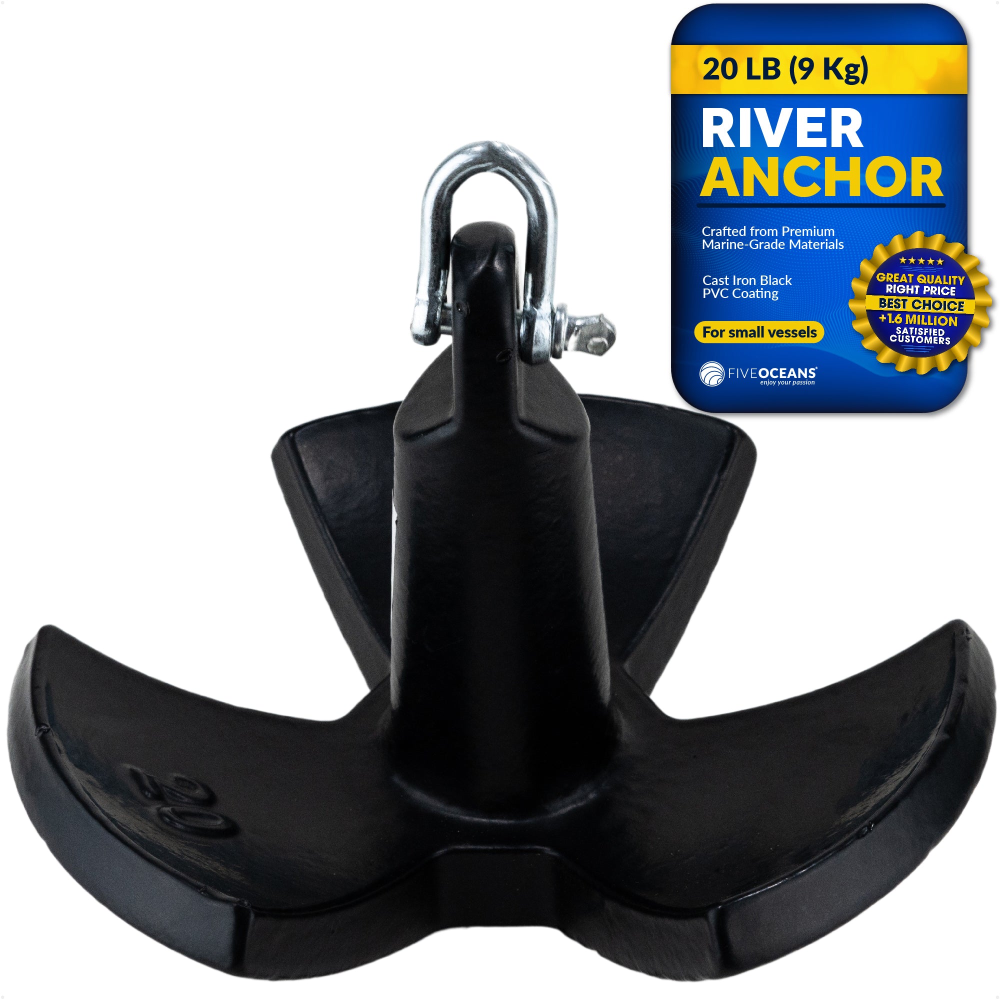 River Anchor, 20 Lb, Cast Iron Black PVC Vinyl Coated - FO4633 - Five Oceans