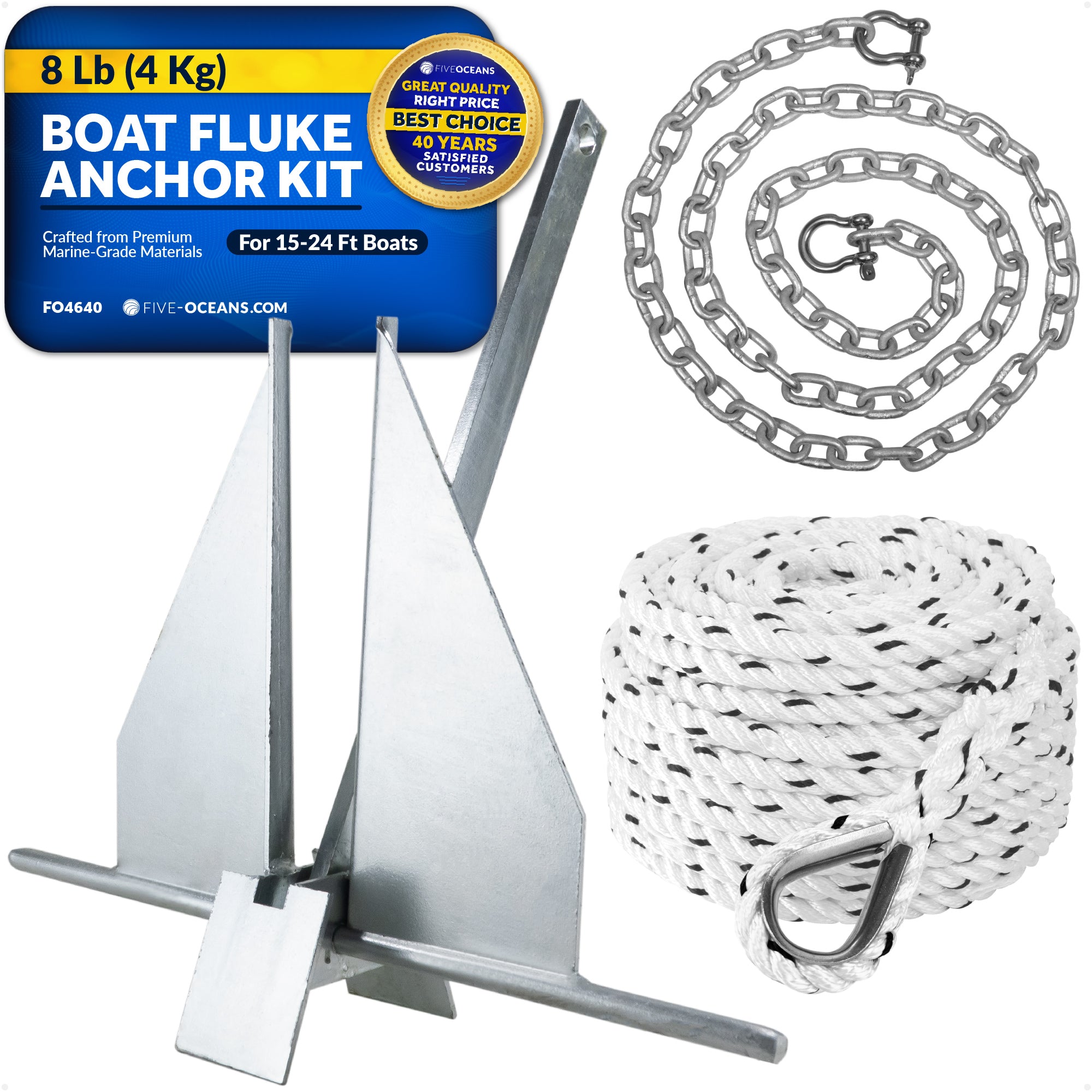 8 Lb Boat Fluke Anchor Kit, Hot Dipped Galvanized, Rope, Chain and Shackle - FO4640 - Five Oceans