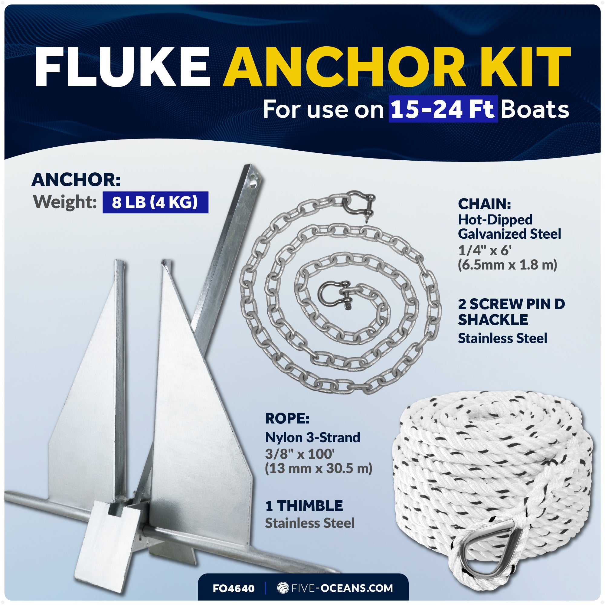 8 Lb Boat Fluke Anchor Kit, Hot Dipped Galvanized, Rope, Chain and Shackle - FO4640 - Five Oceans