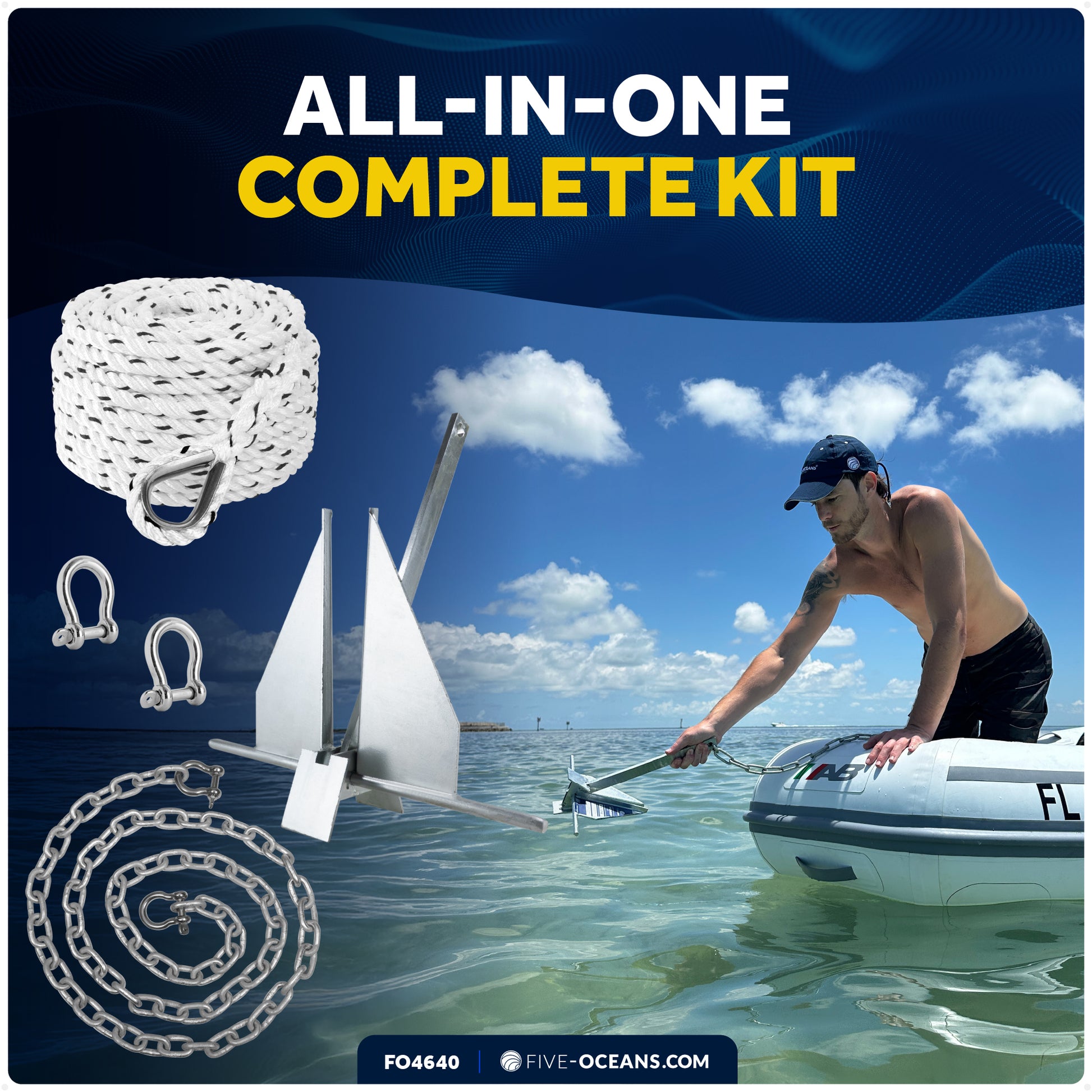 8 Lb Boat Fluke Anchor Kit, Hot Dipped Galvanized, Rope, Chain and Shackle - FO4640 - Five Oceans